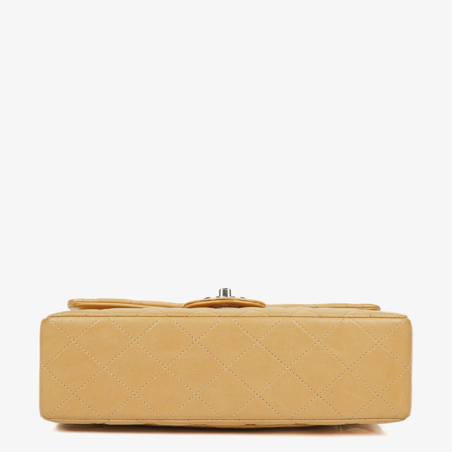 Chanel kleine Classic Double Flap Tasche aus beigem gestepptem Lammleder mit silberfarbener Hardware