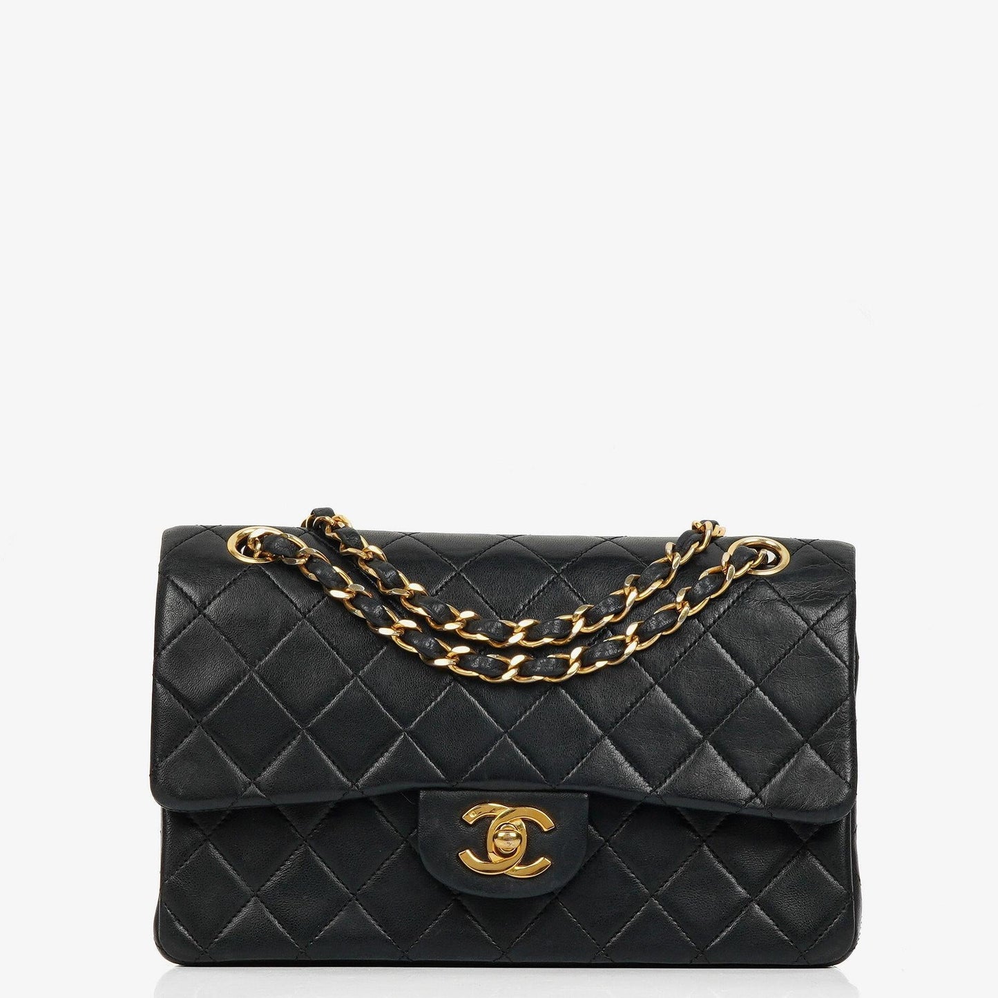 Chanel Small Classic Double Flap Bag aus schwarzem gestepptem Lammleder mit 24K vergoldeten Beschlägen
