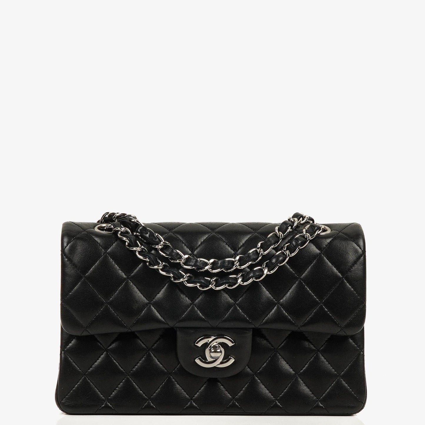 Chanel Classic Double Flap Tasche Small aus schwarzem gestepptem Lammleder mit silberfarbener Hardware