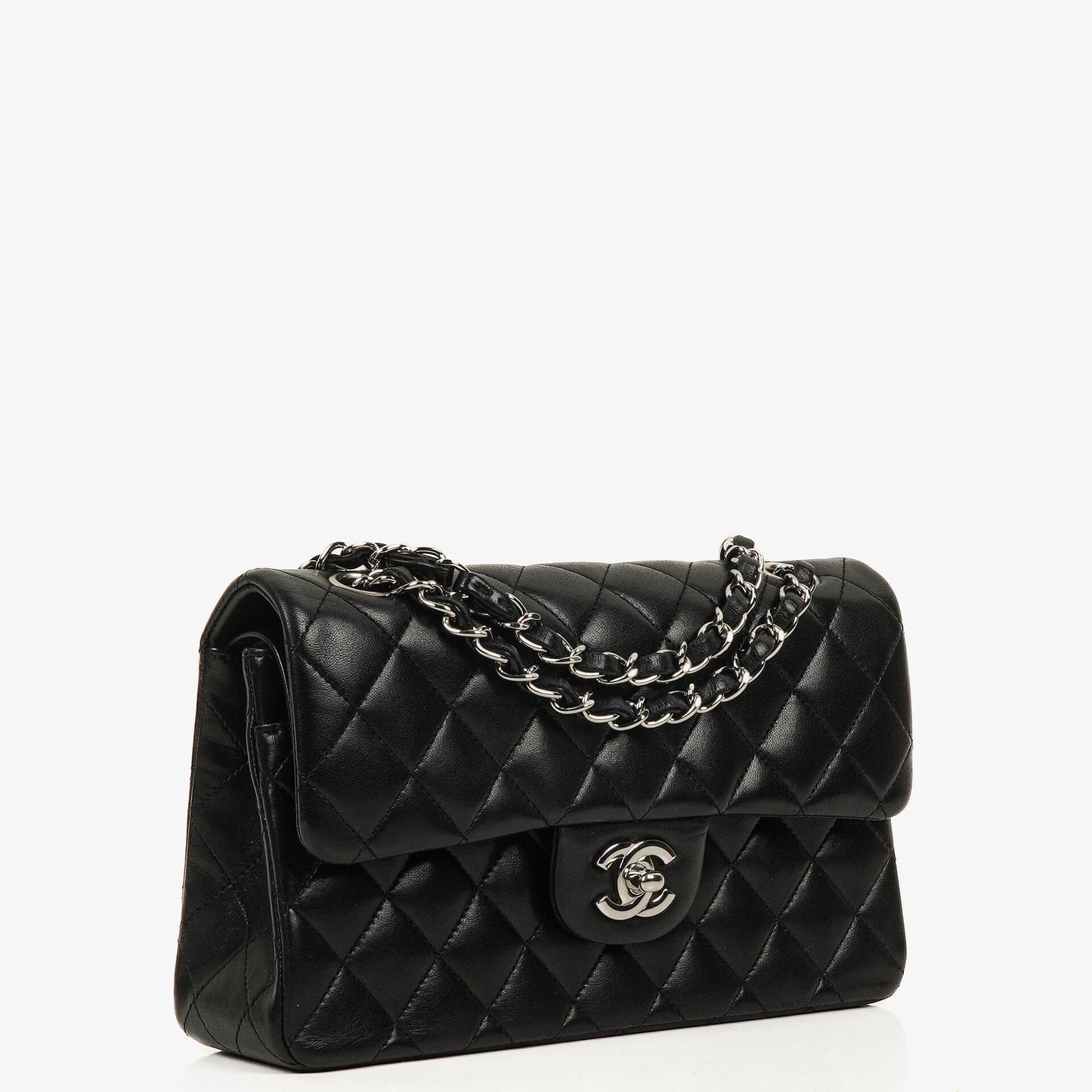 Chanel Classic Double Flap Tasche Small aus schwarzem gestepptem Lammleder mit silberfarbener Hardware