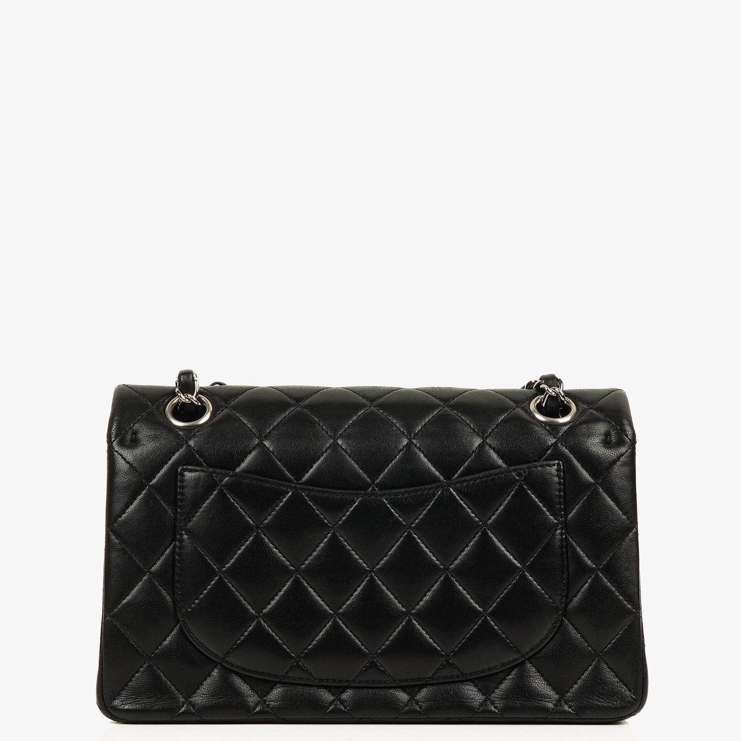 Chanel Classic Double Flap Tasche Small aus schwarzem gestepptem Lammleder mit silberfarbener Hardware