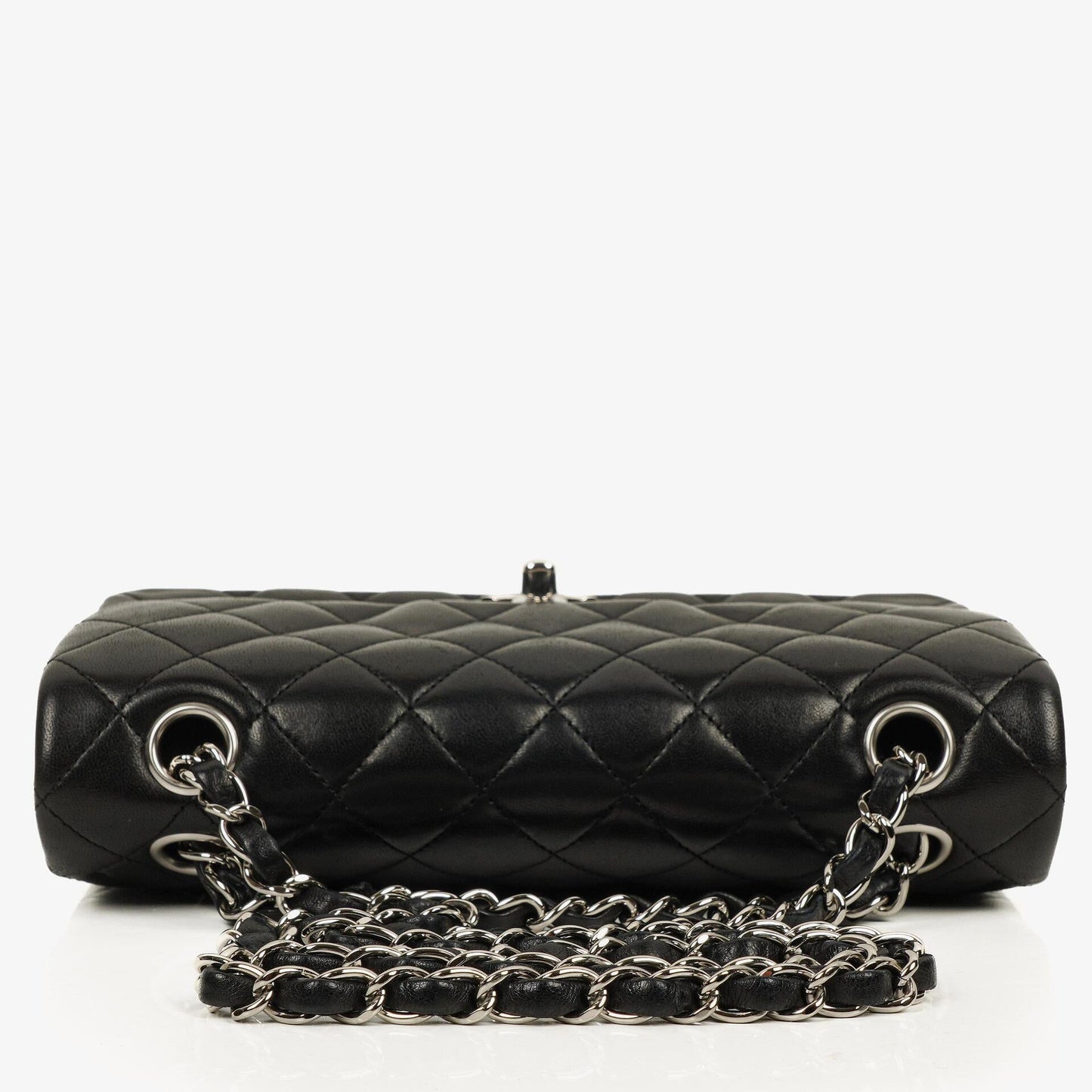 Chanel Classic Double Flap Tasche Small aus schwarzem gestepptem Lammleder mit silberfarbener Hardware