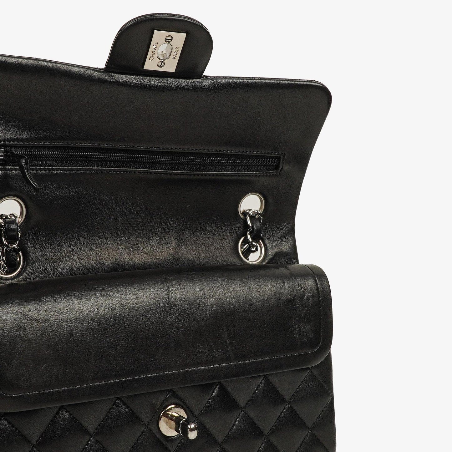 Chanel Classic Double Flap Tasche Small aus schwarzem gestepptem Lammleder mit silberfarbener Hardware