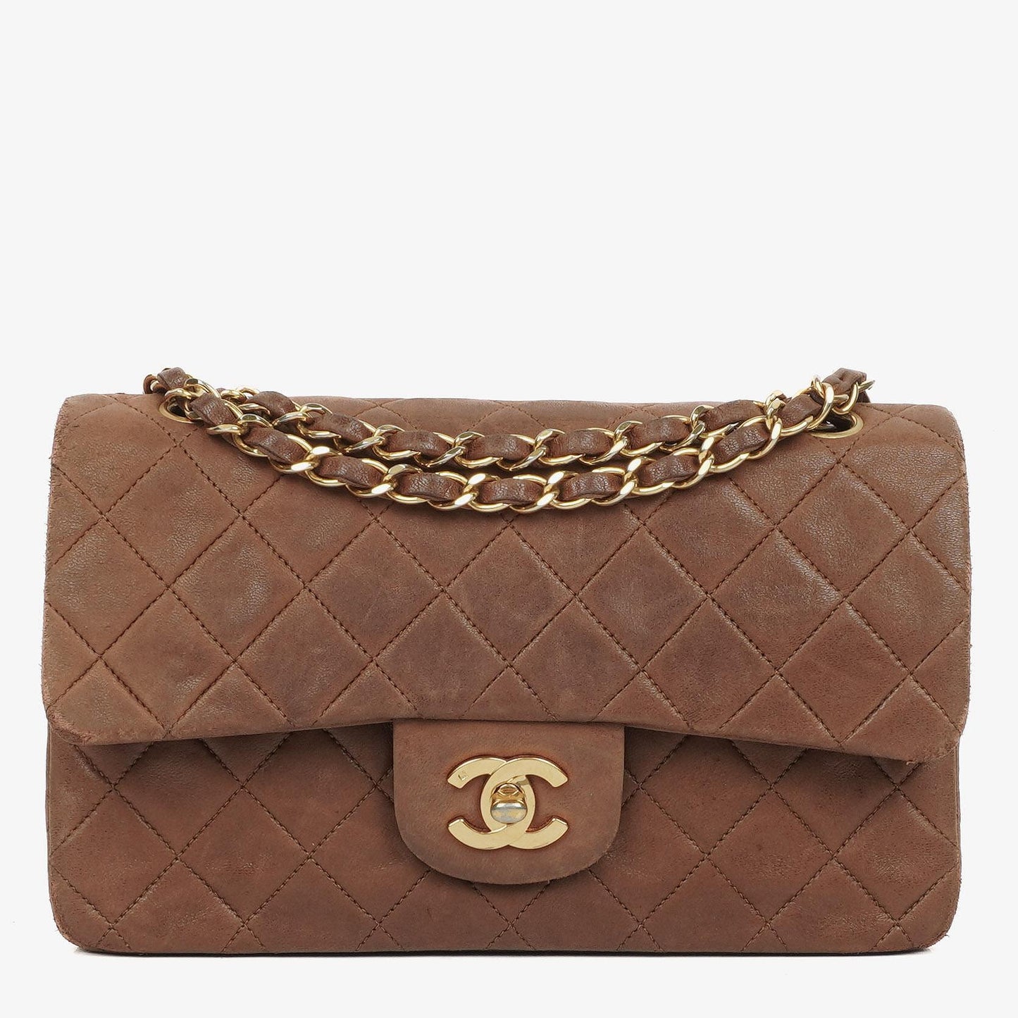 Chanel Kleine Classic Double Flap Bag aus braunem gestepptem Lammleder mit 24K vergoldeten Beschlägen
