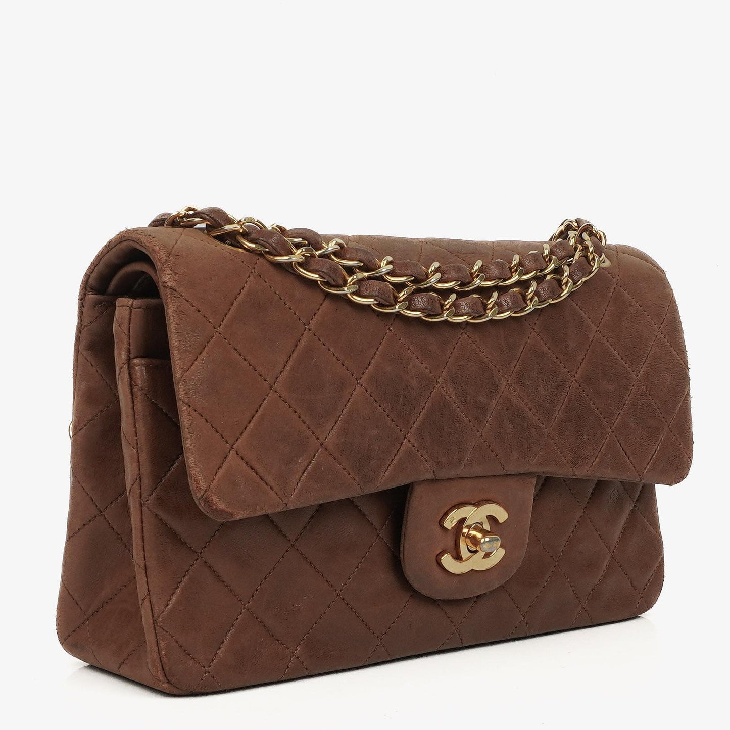 Chanel Kleine Classic Double Flap Bag aus braunem gestepptem Lammleder mit 24K vergoldeten Beschlägen