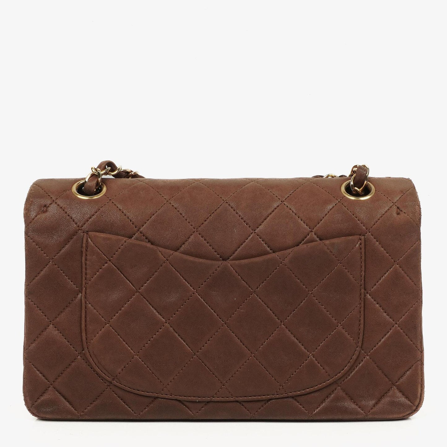 Chanel Kleine Classic Double Flap Bag aus braunem gestepptem Lammleder mit 24K vergoldeten Beschlägen