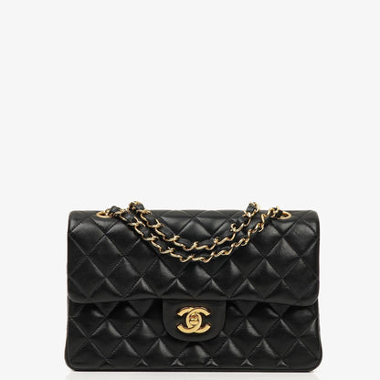 Chanel Small Classic Double Flap Tasche aus schwarzem gestepptem Lammleder