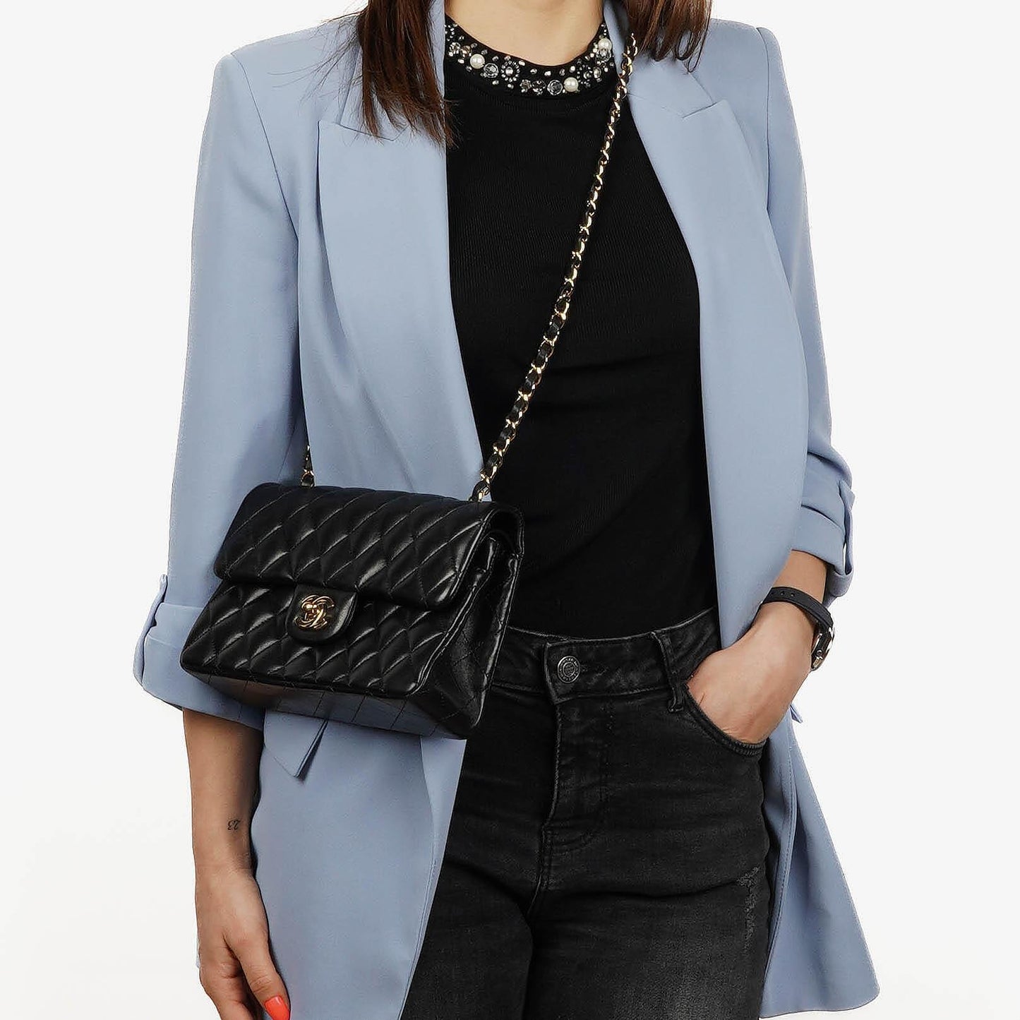 Chanel Small Classic Double Flap Tasche aus schwarzem gestepptem Lammleder