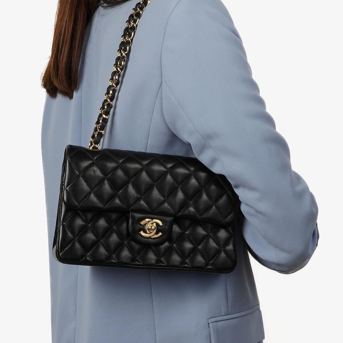 Chanel Small Classic Double Flap Tasche aus schwarzem gestepptem Lammleder