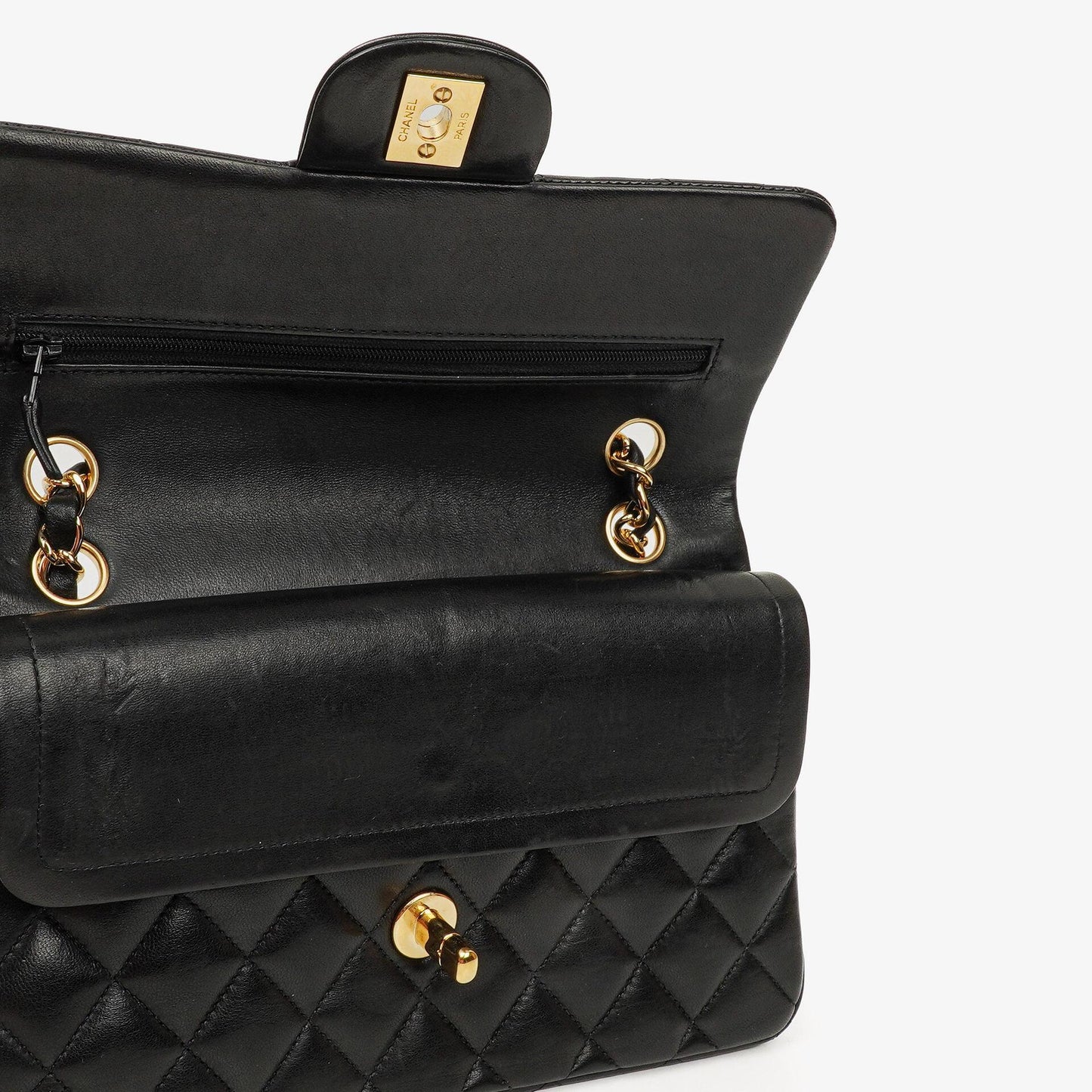 Chanel Small Classic Double Flap Tasche aus schwarzem gestepptem Lammleder