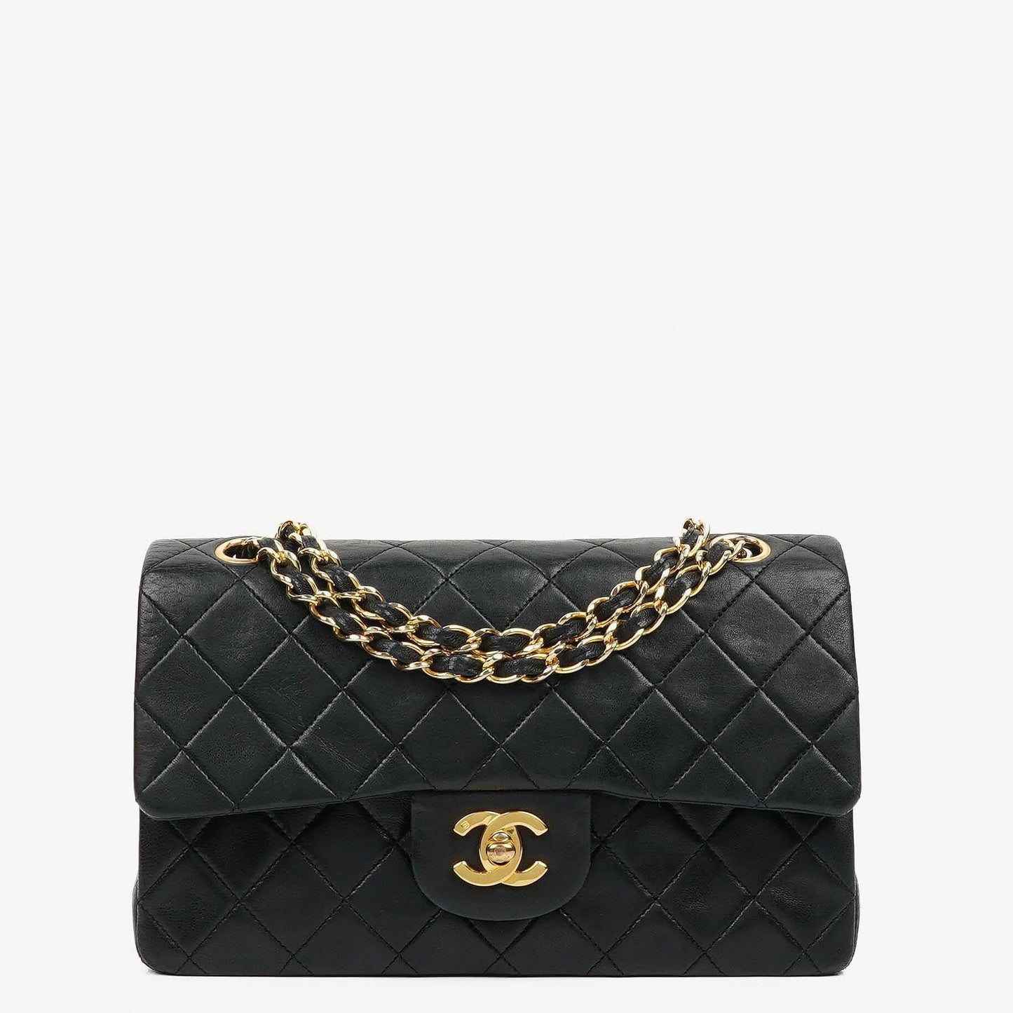 Chanel Kleine Classic Double Flap Tasche aus schwarzem gestepptem Lammleder mit 24K vergoldeter Hardware