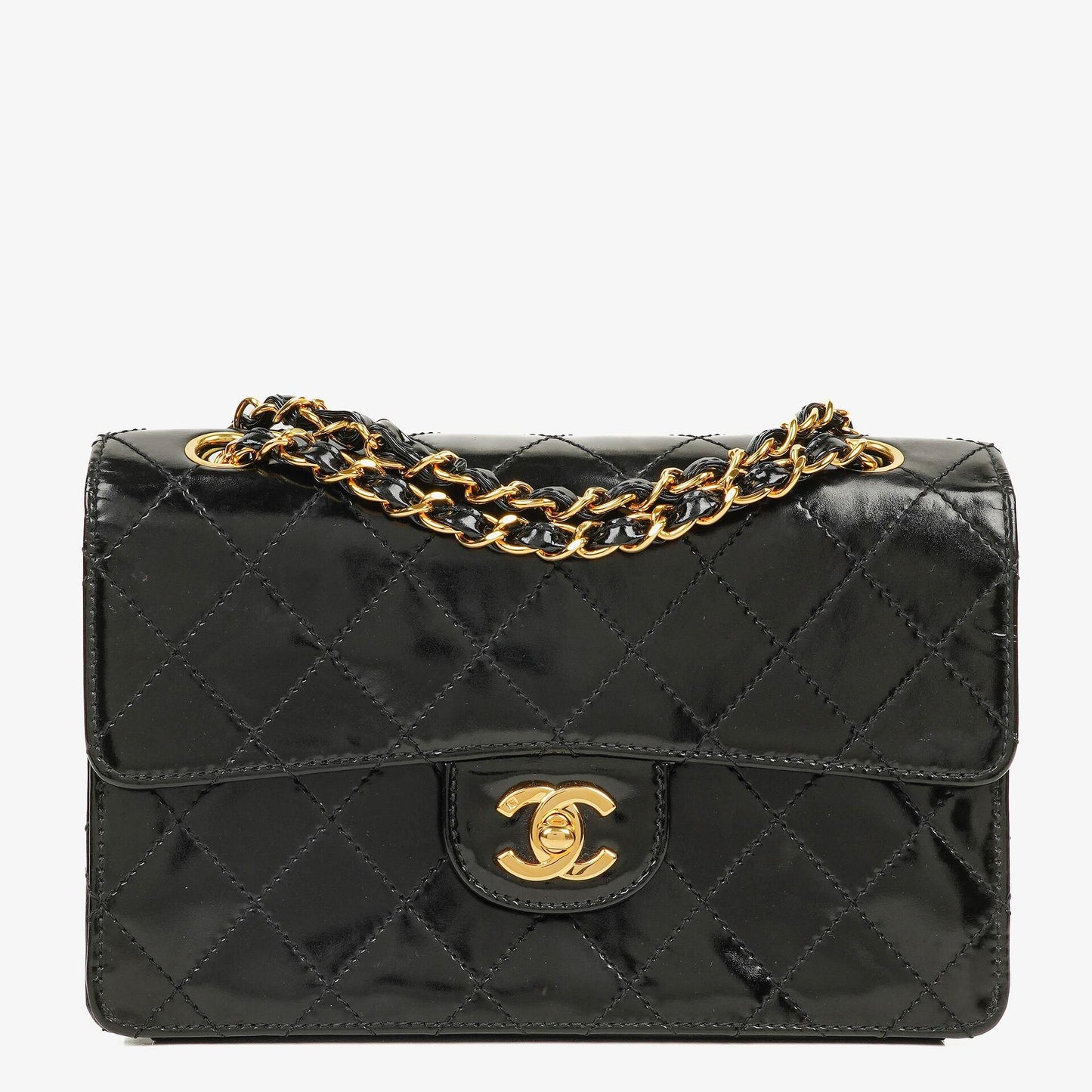 Chanel Kleine Classic Single Flap Tasche aus schwarzem gestepptem Lackleder mit 24K vergoldeter Hardware