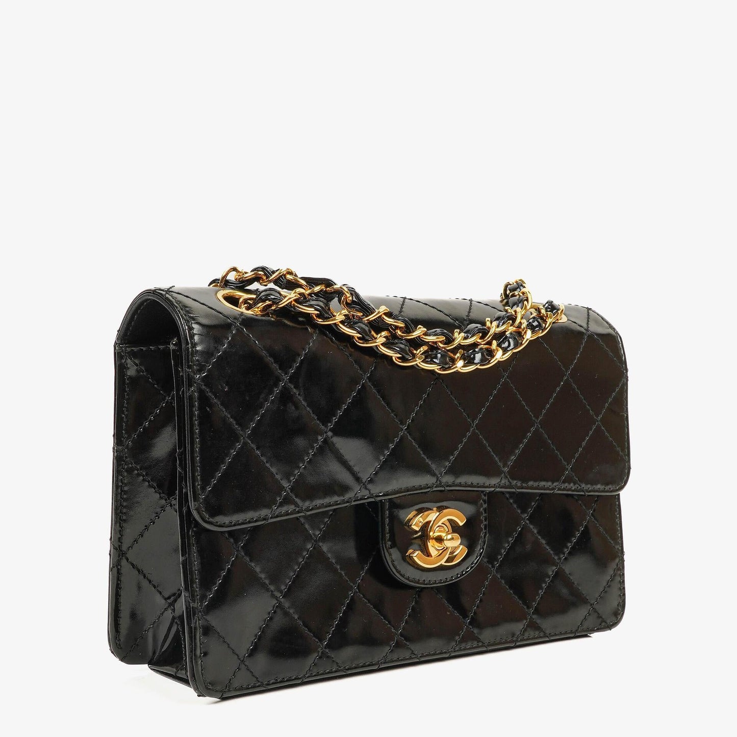 Chanel Kleine Classic Single Flap Tasche aus schwarzem gestepptem Lackleder mit 24K vergoldeter Hardware