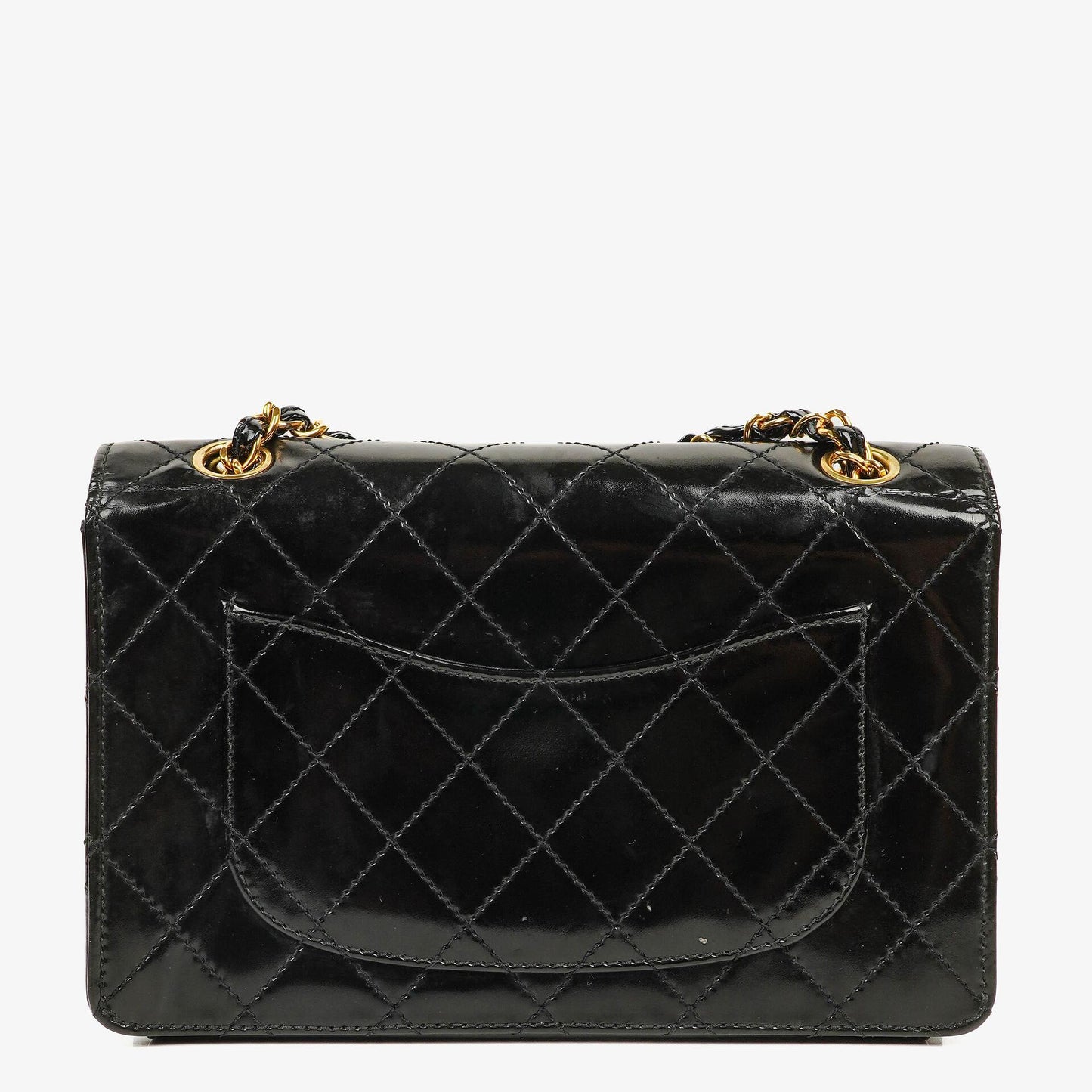 Chanel Kleine Classic Single Flap Tasche aus schwarzem gestepptem Lackleder mit 24K vergoldeter Hardware