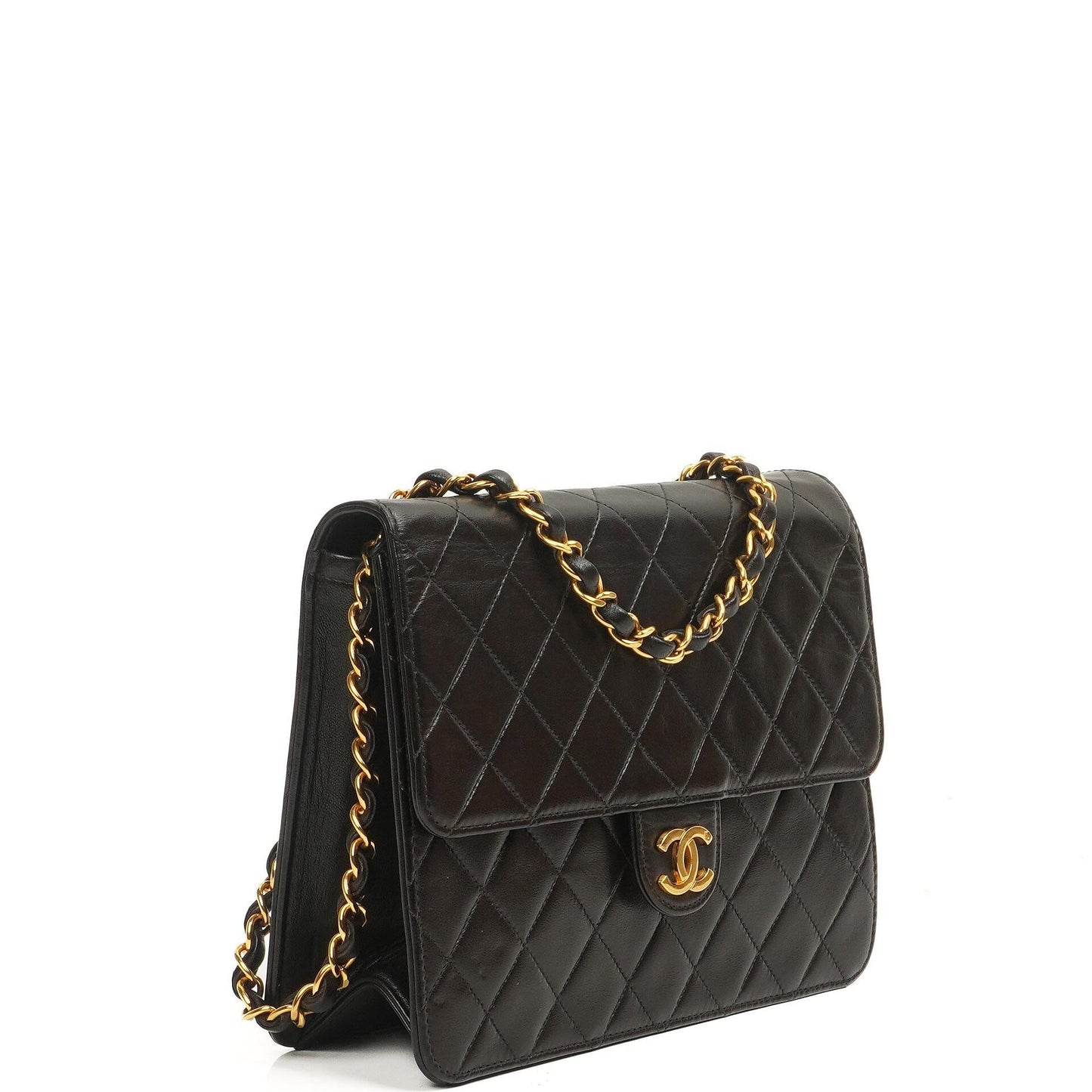 Chanel Kleine klassische Einzelklappen-Tasche Schwarz gestepptes Lammleder mit 24K goldplattierter Hardware
