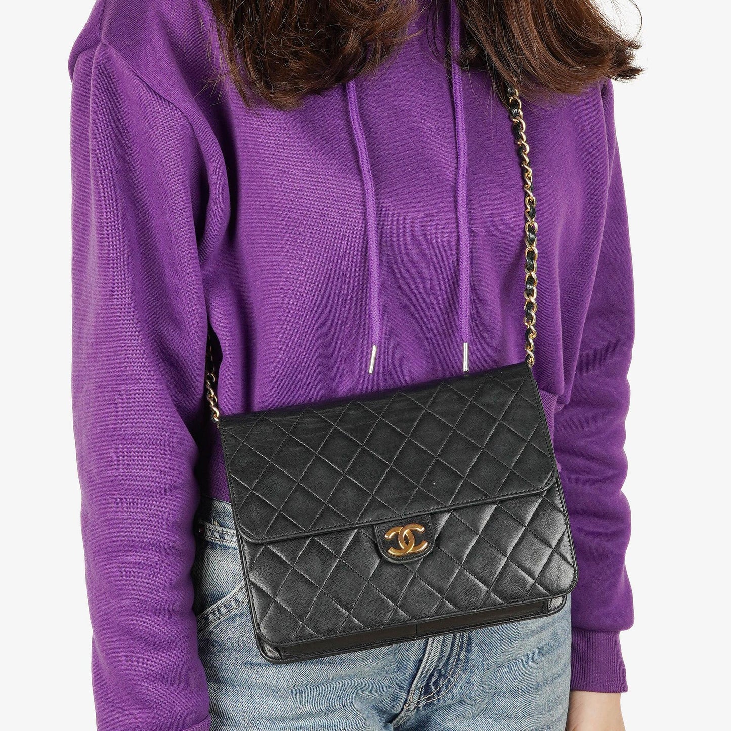 Chanel Kleine Classic Single Flap Tasche Schwarzes Gestepptes Lammleder mit 24K Gold-beschichteten Beschlägen