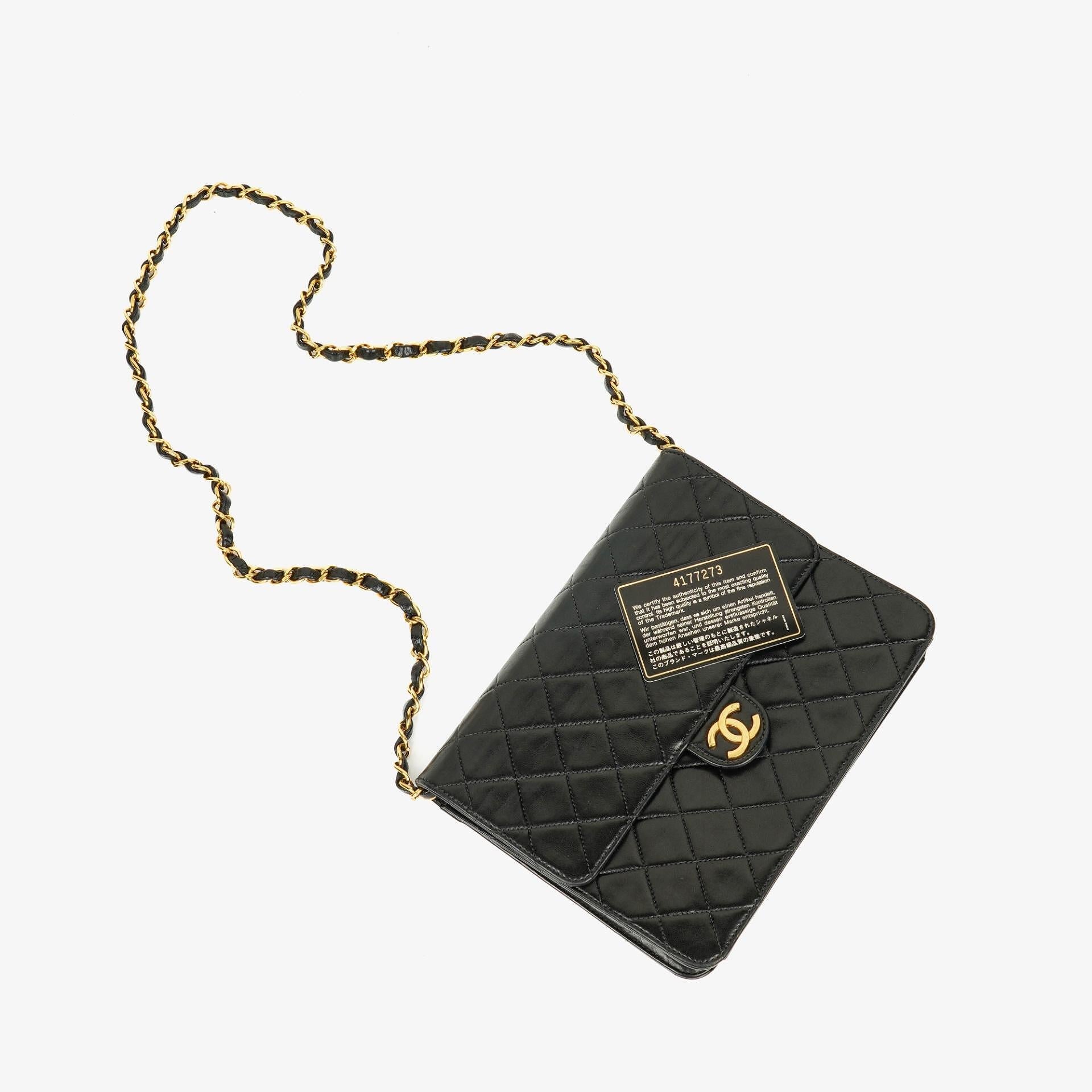 Chanel Kleine Classic Single Flap Tasche aus schwarzem gestepptem Lammleder mit 24K vergoldeten Beschlägen