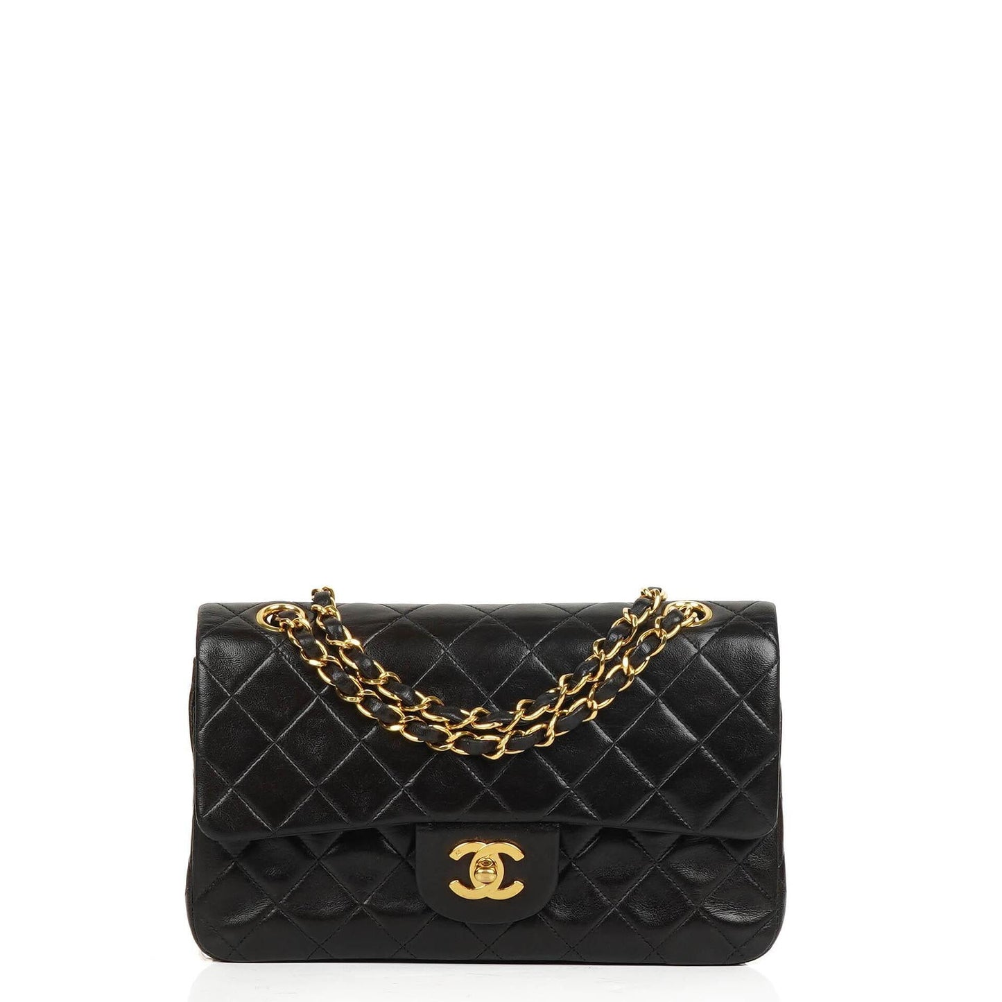 Chanel Small Classic Vintage Double Flap Bag aus schwarzem gestepptem Lammleder mit 24K goldplattierter Hardware