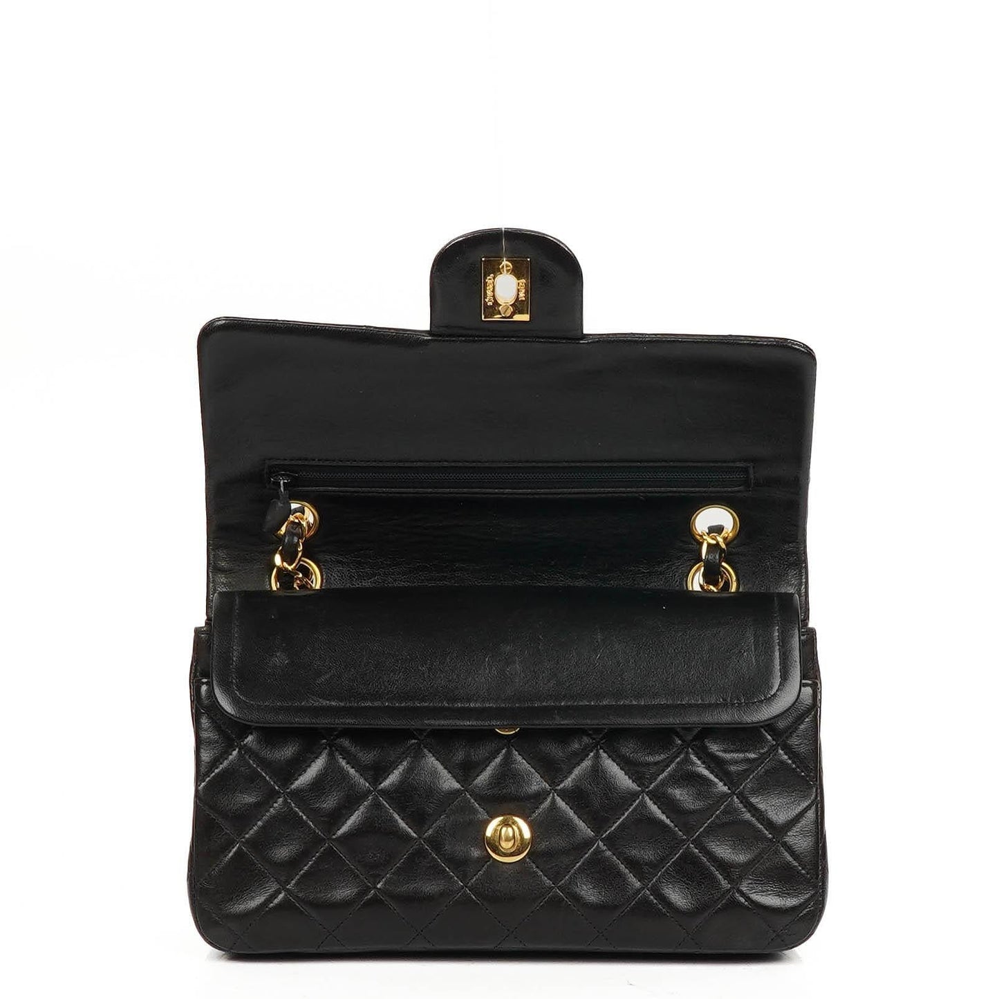 Chanel Small Classic Vintage Double Flap Bag aus schwarzem gestepptem Lammleder mit 24K goldplattierter Hardware
