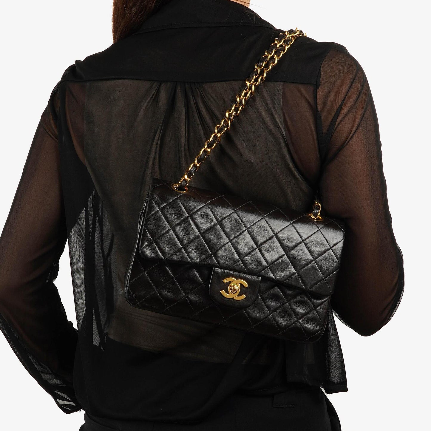Chanel Small Classic Vintage Double Flap Bag aus schwarzem gestepptem Lammleder mit 24K goldplattierter Hardware