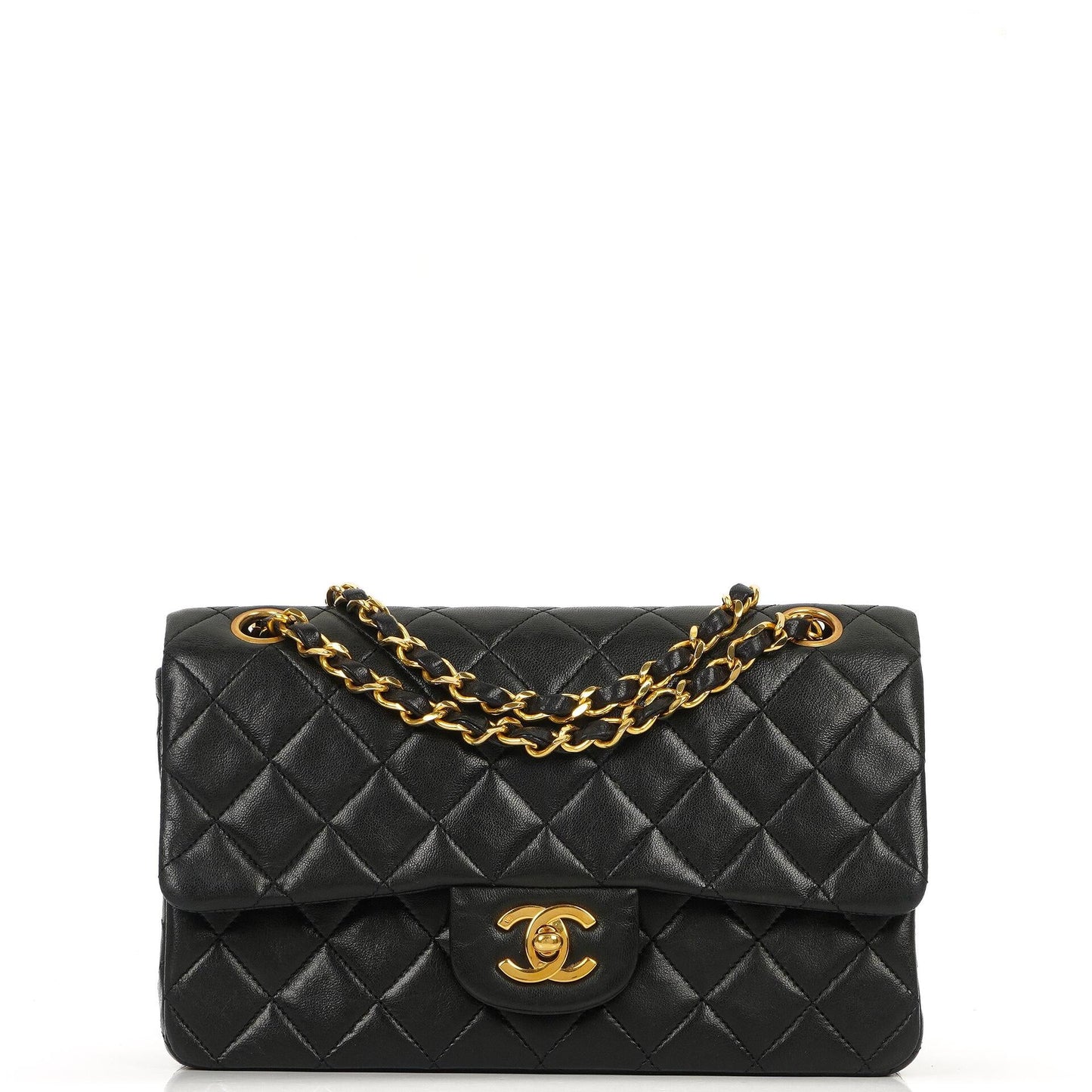 Chanel Kleine Klassische Vintage Schwarzes Gequiltetes Lammleder Doppelklappen Tasche Mit 24K Vergoldeter Hardware