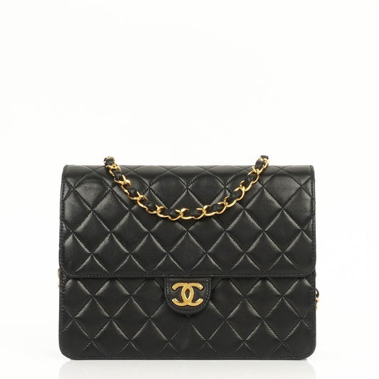 Chanel Small Classic Vintage Single Flap Bag aus schwarzem gestepptem Lammleder mit 24K goldplattierter Hardware