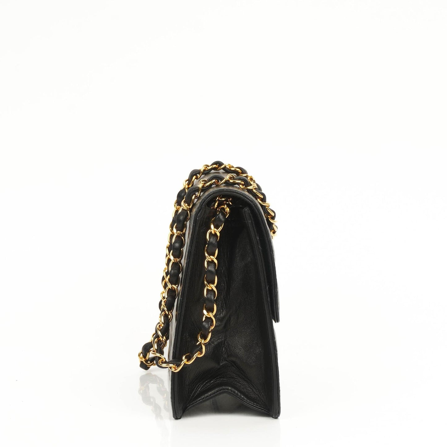 Chanel Small Classic Vintage Single Flap Bag aus schwarzem gestepptem Lammleder mit 24K goldplattierter Hardware