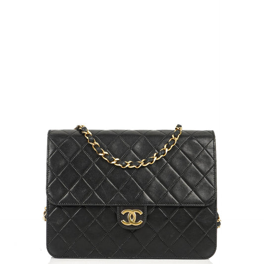 Chanel Small Classic Vintage Single Flap Bag aus schwarzem gestepptem Lammleder mit goldfarbener Hardware