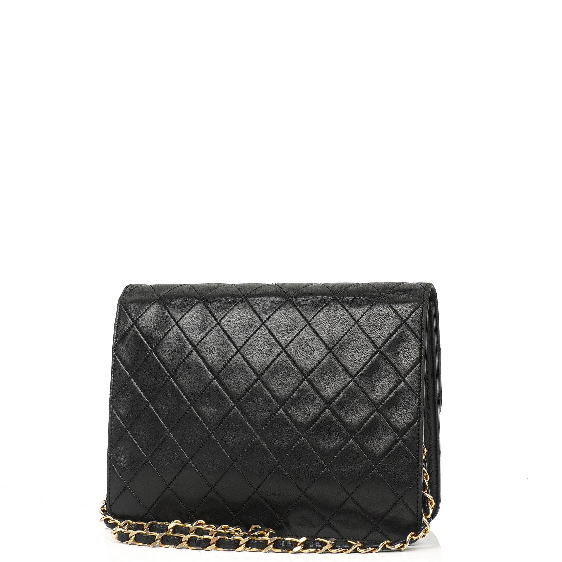 Chanel Small Classic Vintage Single Flap Bag aus schwarzem gestepptem Lammleder mit goldfarbener Hardware