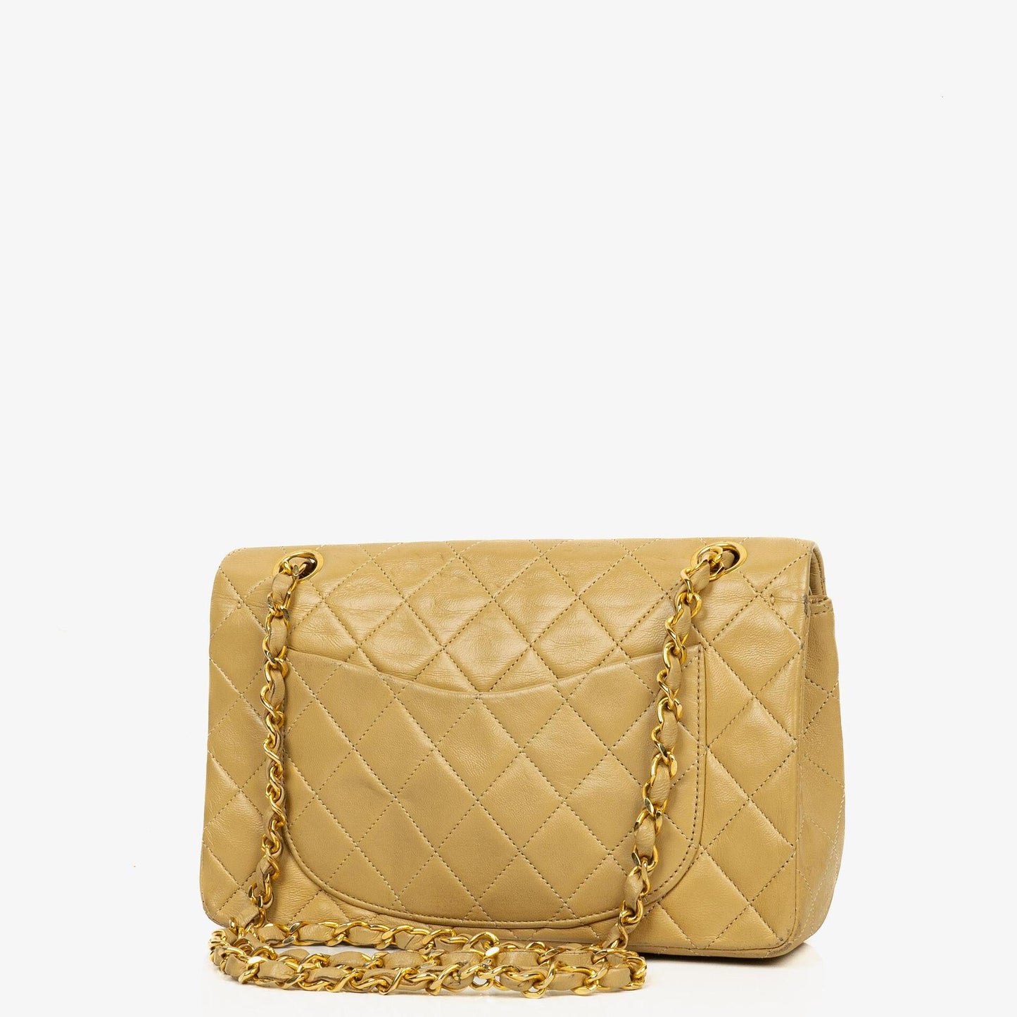 Chanel Kleine Klassische Vintage Double Flap Tasche aus beigem gestepptem Lammleder mit 24K vergoldeter Hardware