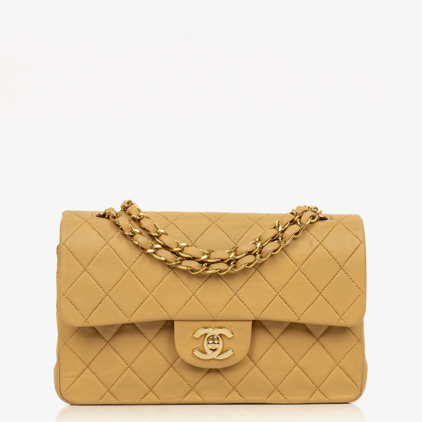Chanel Kleine Classic Vintage Double Flap Tasche aus gestepptem Lammleder in Beige mit 24K vergoldeten Beschlägen