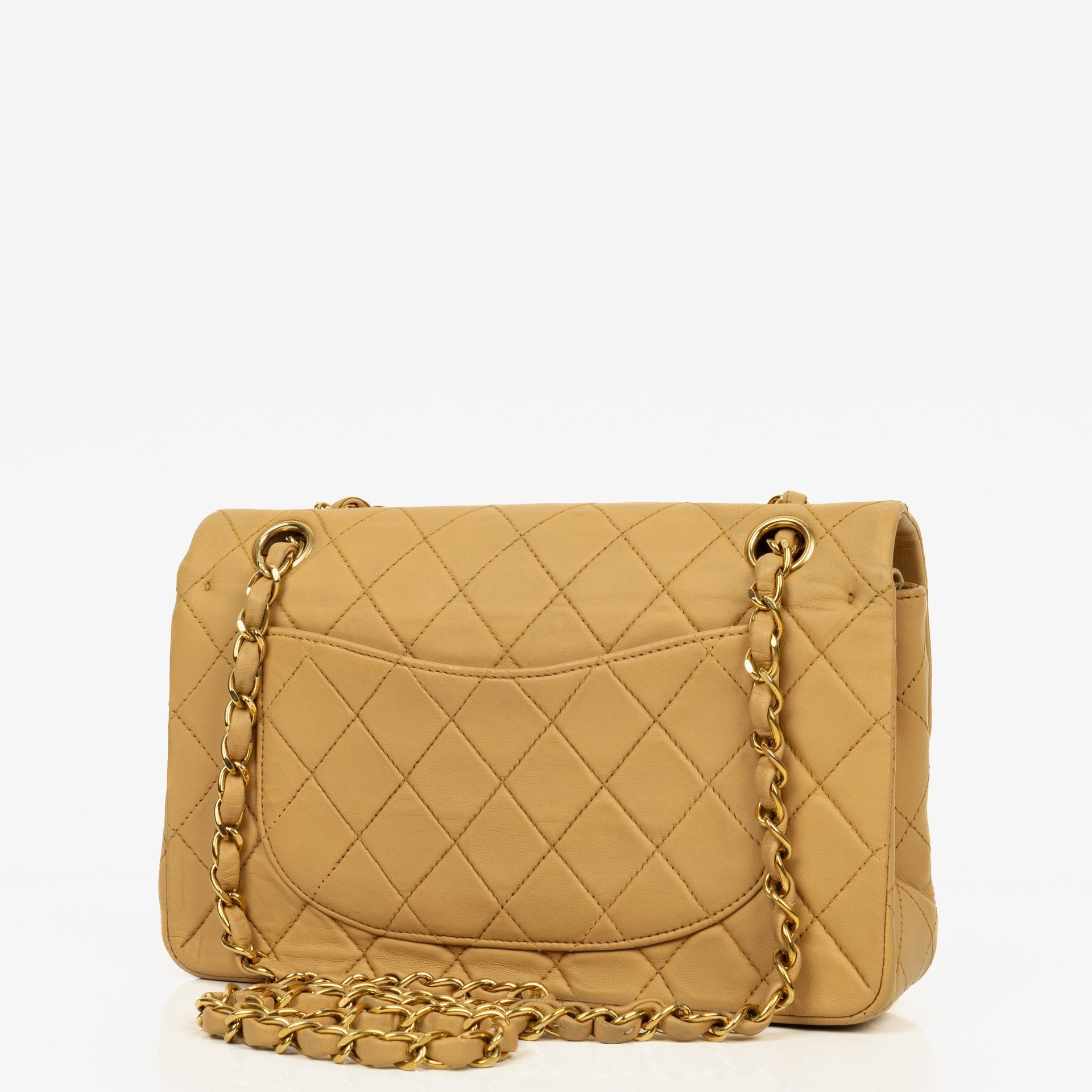 Chanel Kleine Classic Vintage Double Flap Tasche aus gestepptem Lammleder in Beige mit 24K vergoldeten Beschlägen