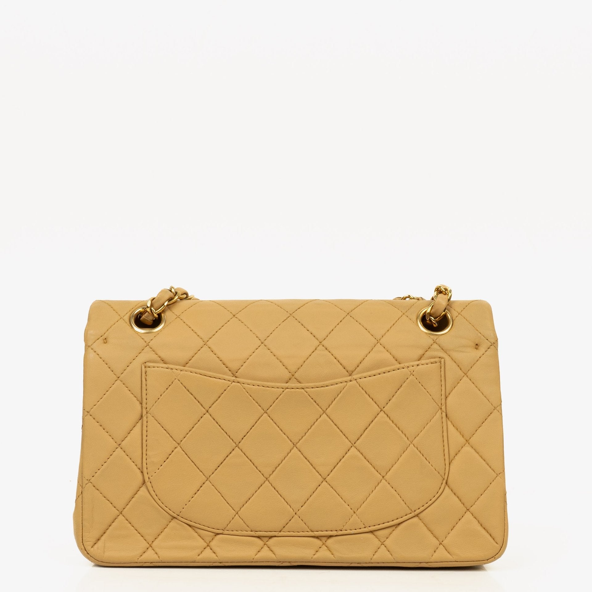 Chanel Kleine Classic Vintage Double Flap Tasche aus gestepptem Lammleder in Beige mit 24K vergoldeten Beschlägen