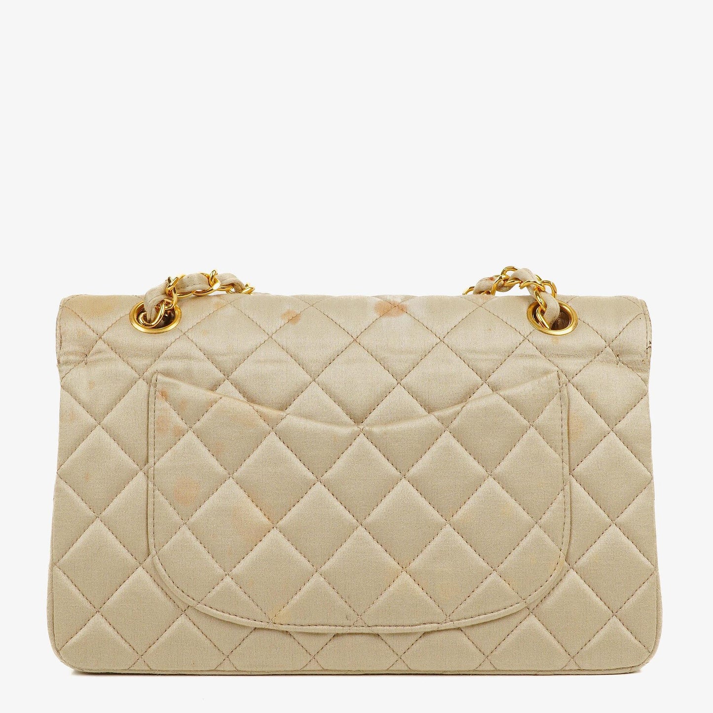 Chanel Kleine Classic Vintage Double Flap Tasche aus beigem Satin mit 24K vergoldeten Beschlägen