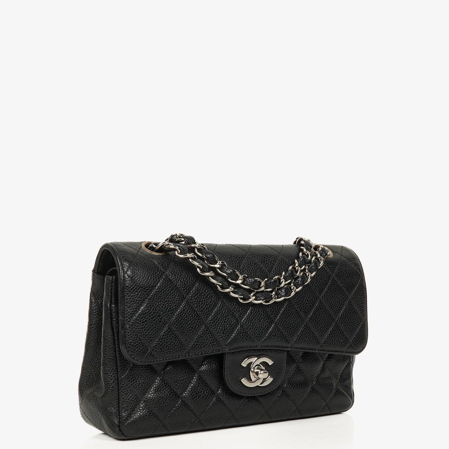 Chanel Small Classic Vintage Double Flap Bag aus schwarzem gestepptem Kaviarleder mit silberfarbener Hardware