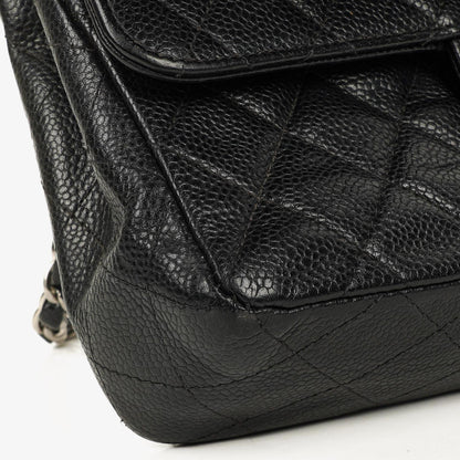 Chanel Small Classic Vintage Double Flap Bag aus schwarzem gestepptem Kaviarleder mit silberfarbener Hardware