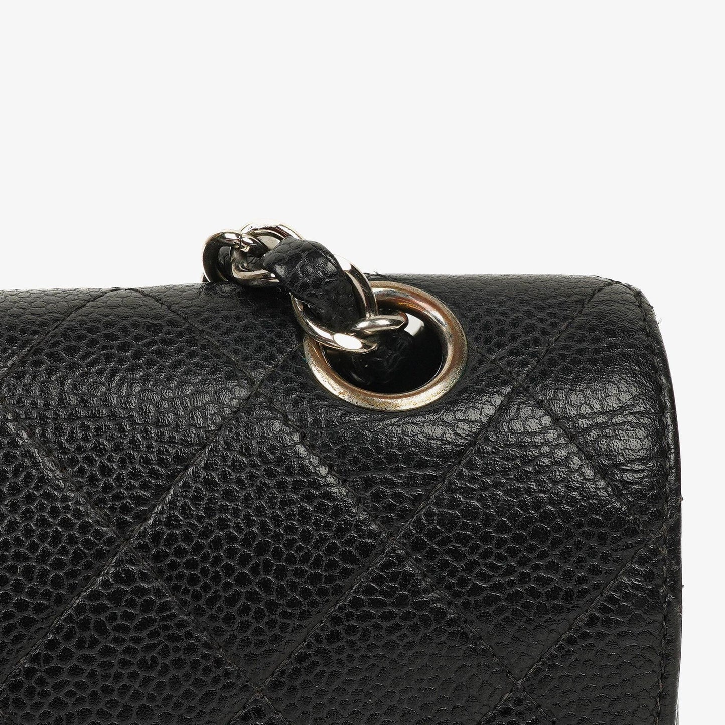 Chanel Small Classic Vintage Double Flap Bag aus schwarzem gestepptem Kaviarleder mit silberfarbener Hardware