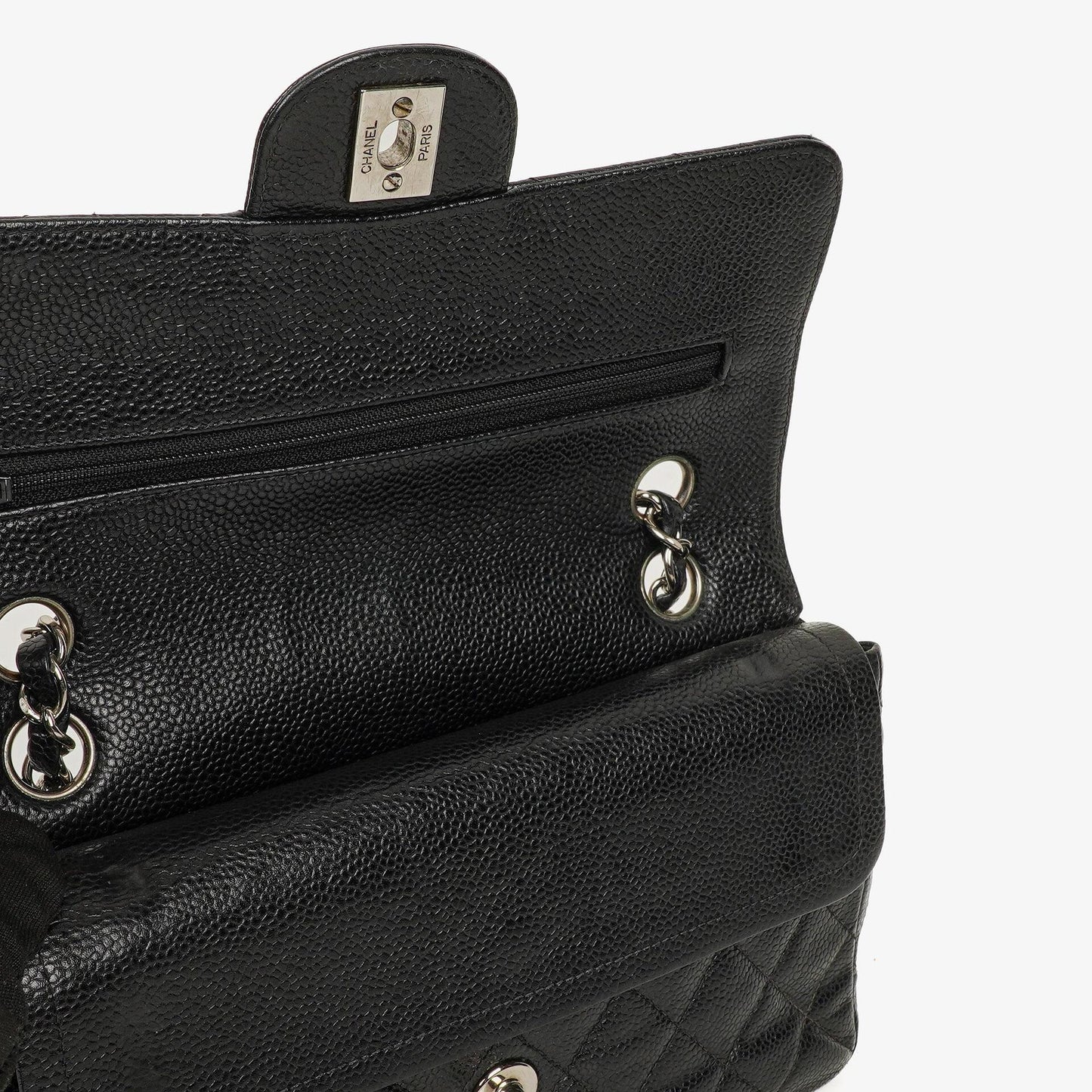 Chanel Small Classic Vintage Double Flap Bag aus schwarzem gestepptem Kaviarleder mit silberfarbener Hardware