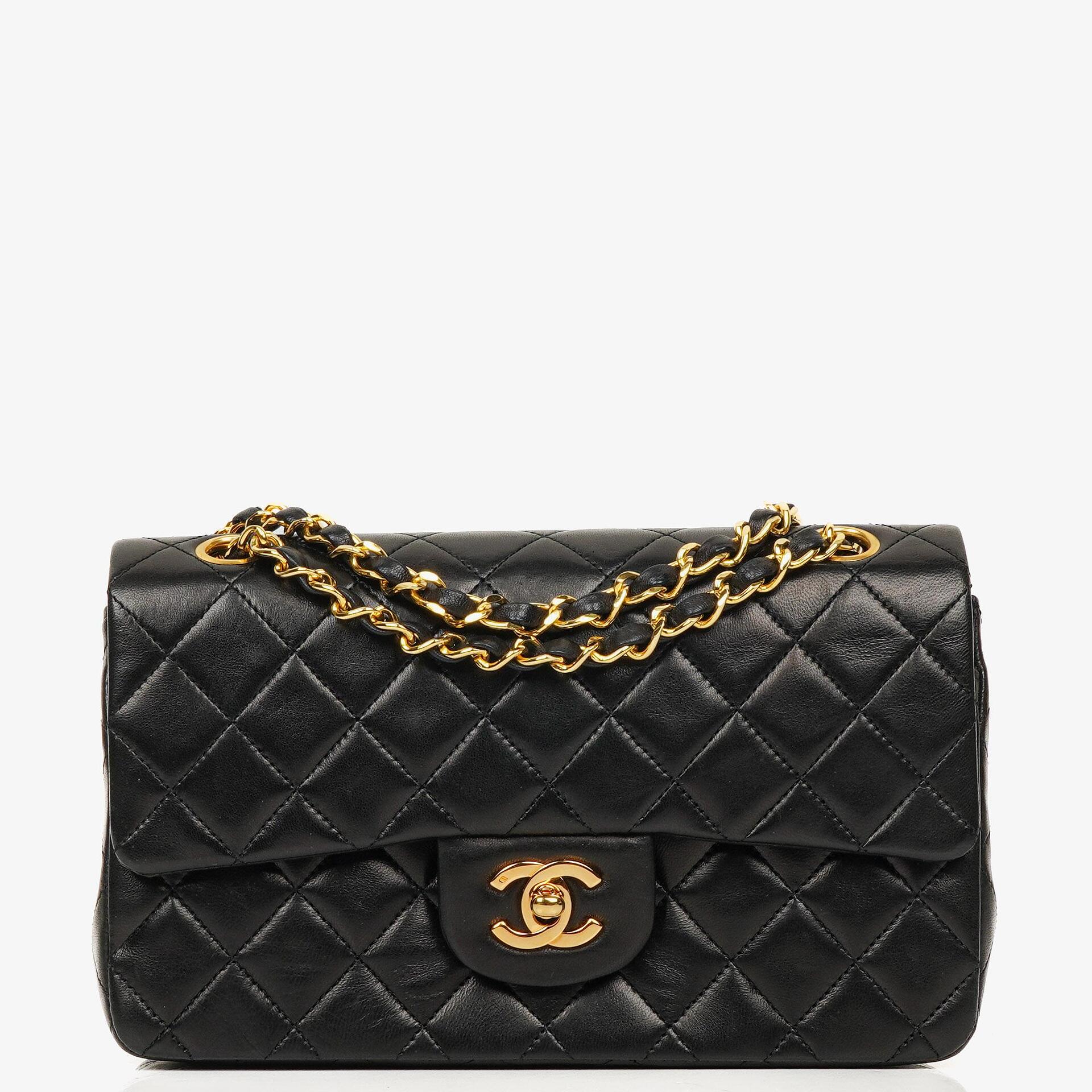 Chanel Vintage Classic kleine Double Flap Tasche aus schwarzem gestepptem Lammleder mit 24K vergoldeter Hardware, 1989-1991