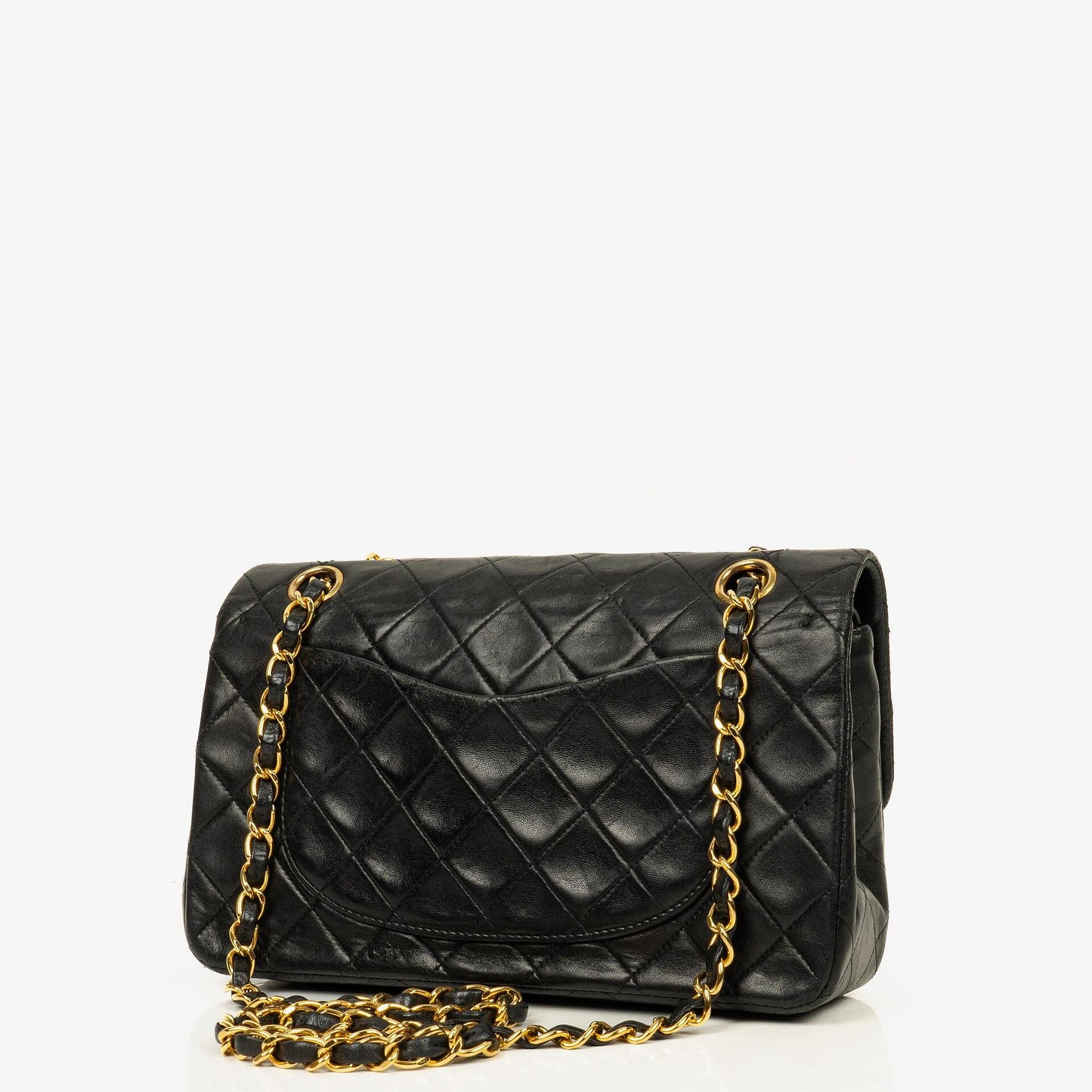 Chanel Small Classic Vintage Double Flap Bag aus schwarzem gestepptem Lammleder mit 24K vergoldeten Beschlägen