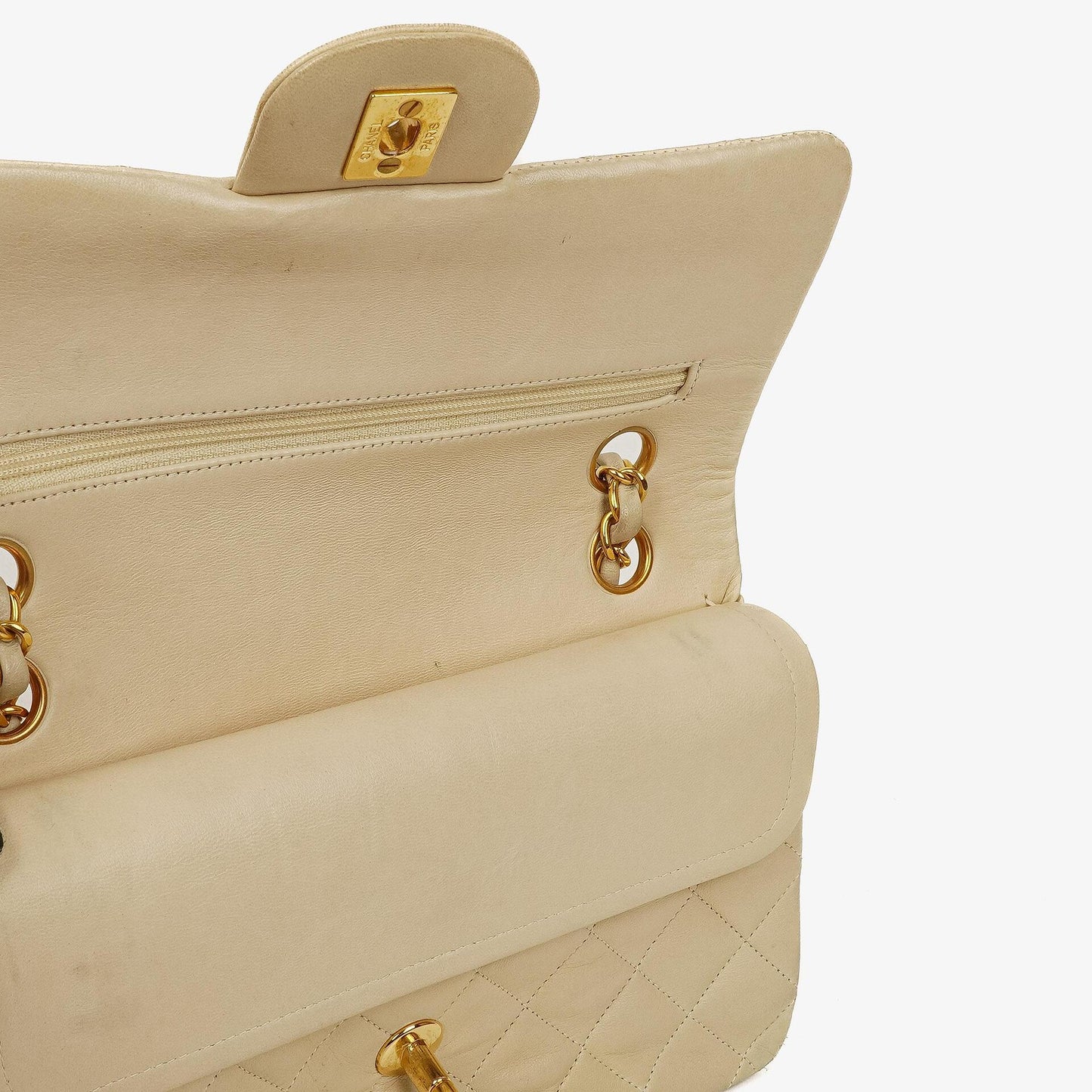Chanel Kleine Klassische Vintage Double Flap Tasche Neutrales Gestepptes Lammleder 24K Vergoldete Beschläge
