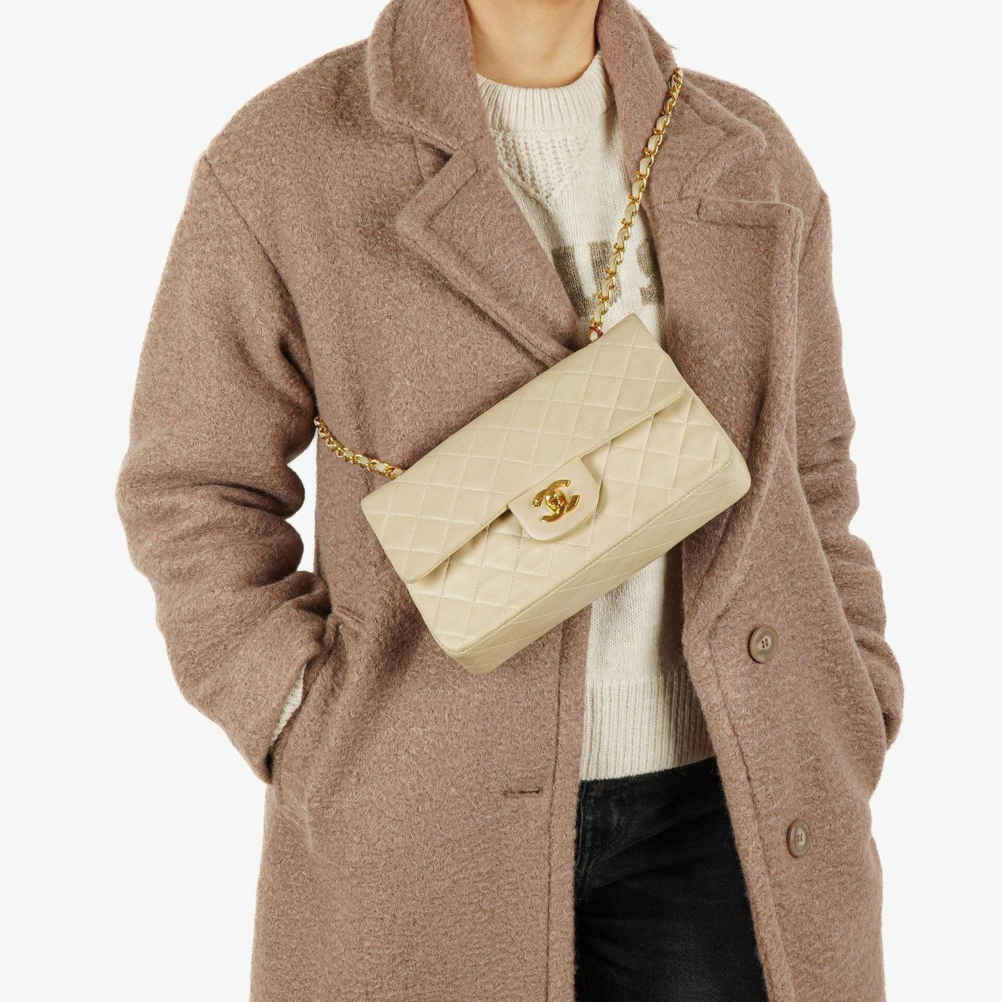 Chanel Kleine Klassische Vintage Double Flap Tasche Neutrales Gestepptes Lammleder 24K Vergoldete Beschläge