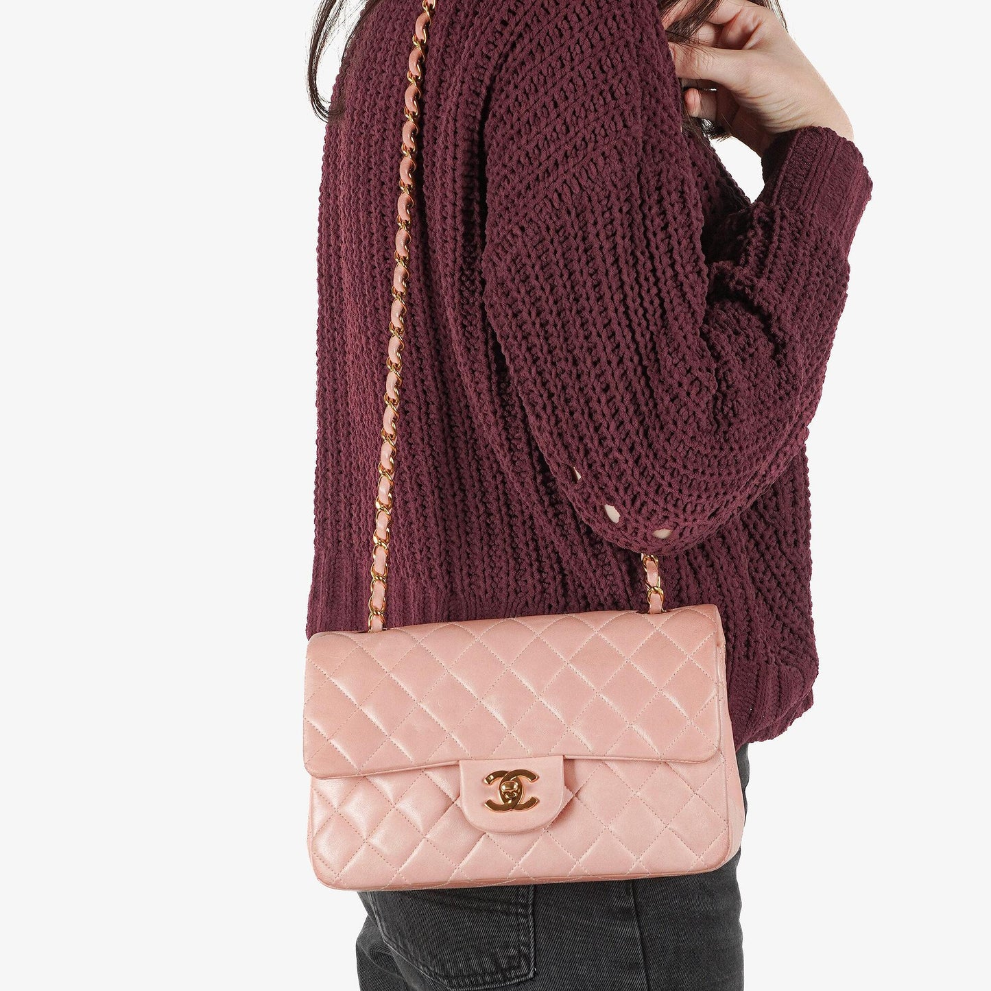 Chanel Kleine Classic Vintage Double Flap Tasche aus rosa gestepptem Lammleder mit 24K vergoldeter Hardware