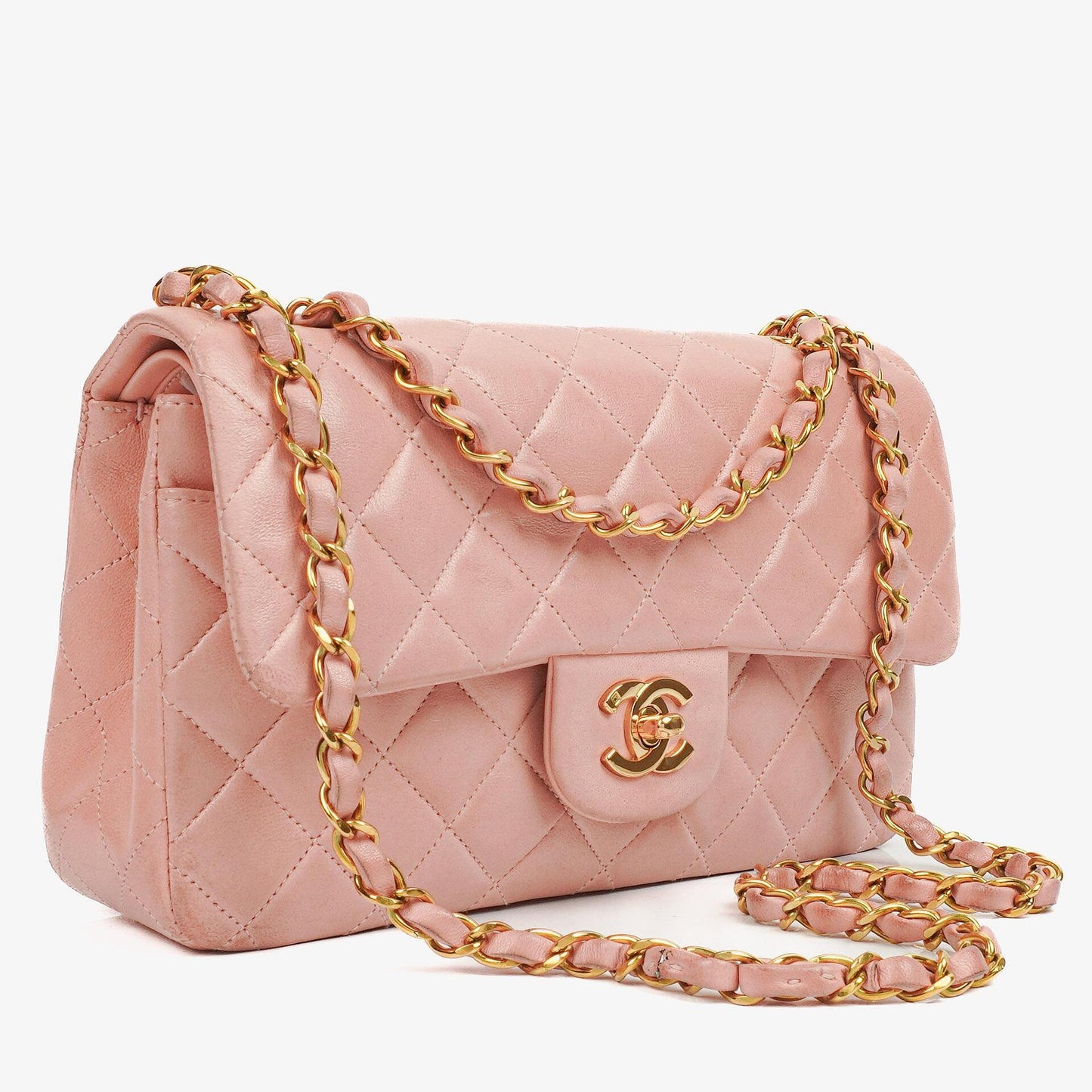 Chanel Kleine Classic Vintage Double Flap Tasche aus rosa gestepptem Lammleder mit 24K vergoldeter Hardware