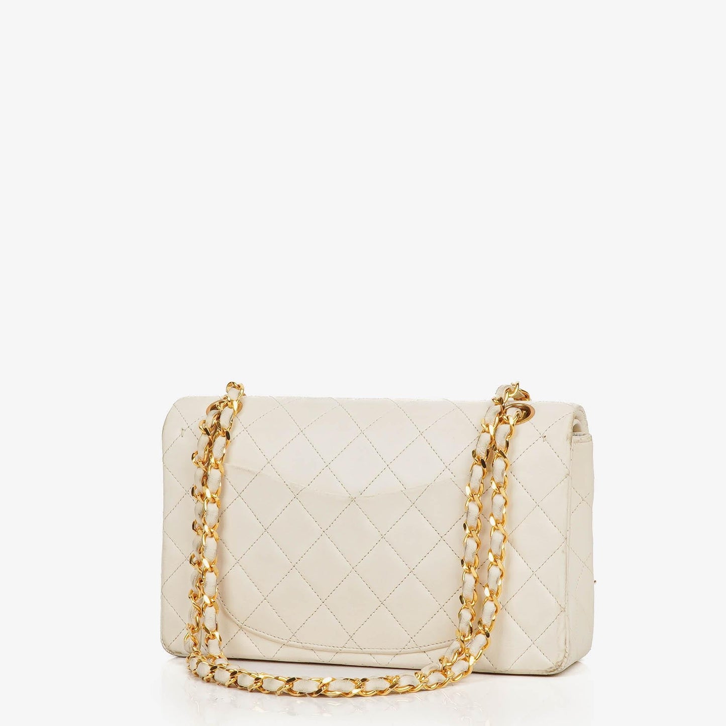 Chanel Kleine Klassische Vintage Doppelklappen Tasche Weiße Gequiltete Lammleder Mit 24K Goldbeschichtetem Zubehör