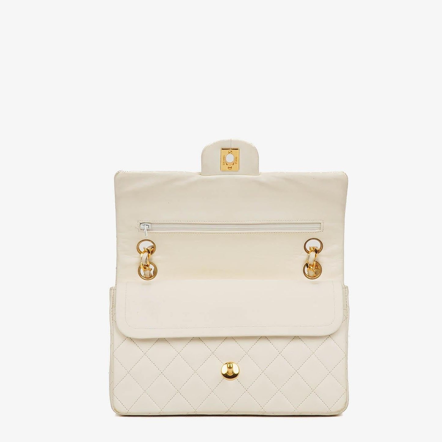 Chanel Kleine Klassische Vintage Doppelklappen Tasche Weiße Gequiltete Lammleder Mit 24K Goldbeschichtetem Zubehör