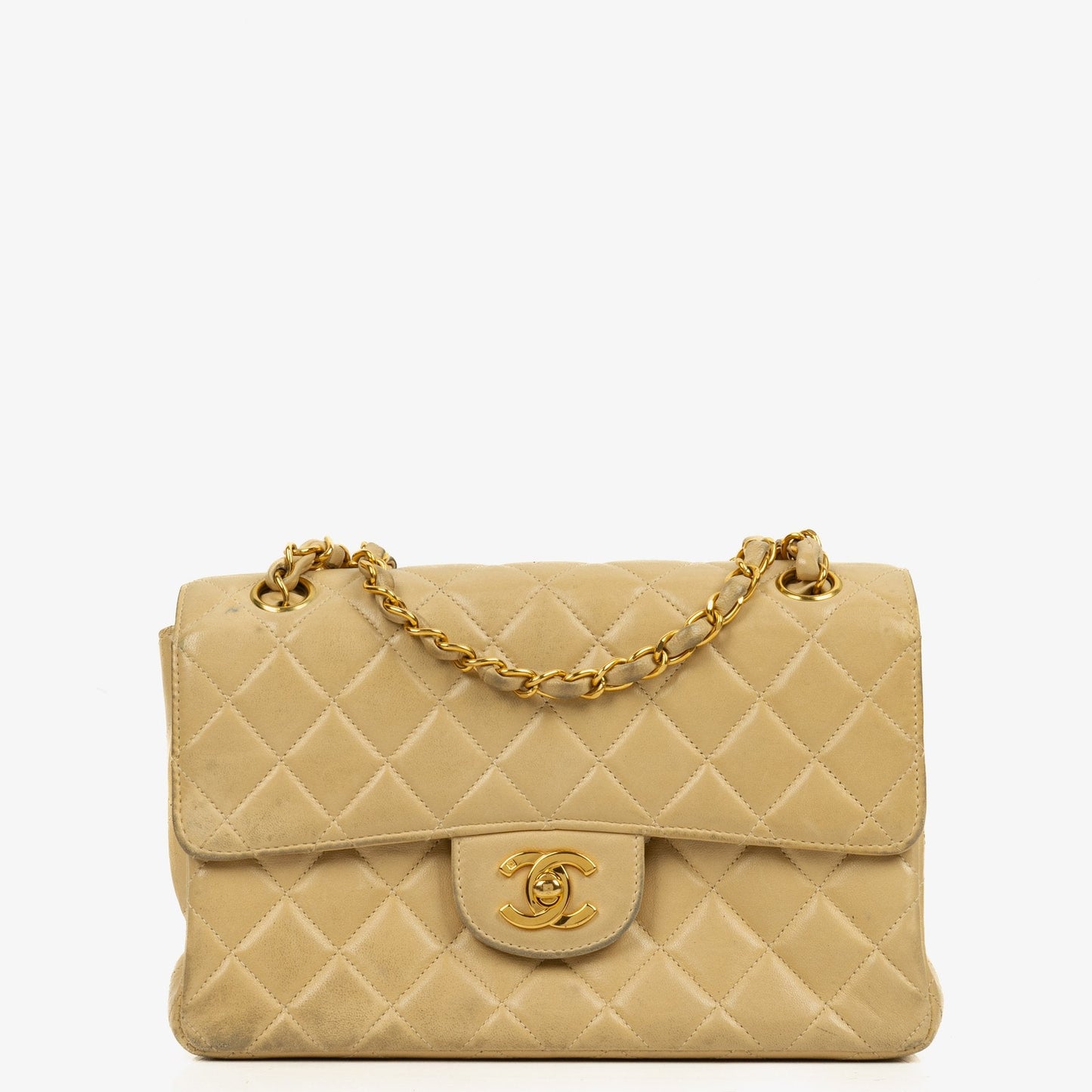 Chanel Small Double-Sided Flap Tasche aus beigem gestepptem Lammleder mit 24K vergoldeter Hardware