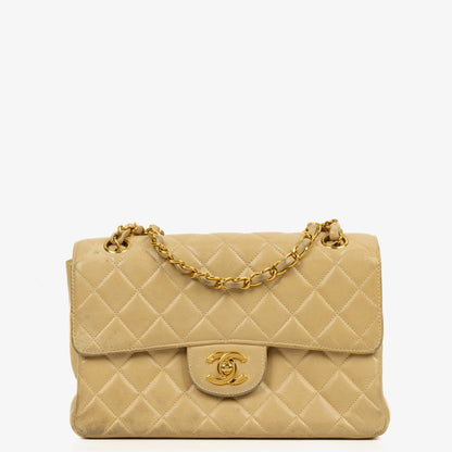 Chanel Small Double-Sided Flap Tasche aus beigem gestepptem Lammleder mit 24K vergoldeter Hardware