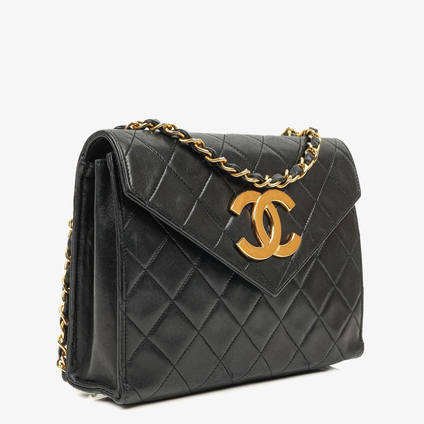 Chanel Kleine Envelope Maxi CC Logo Flap Tasche aus schwarzem gestepptem Lammleder mit 24K vergoldeten Beschlägen