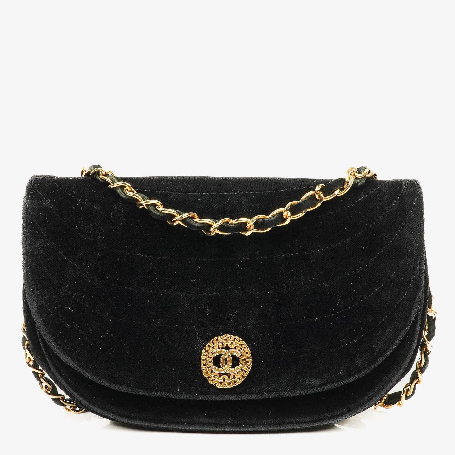 Chanel Small Half Moon Klappentasche aus schwarzem Samt